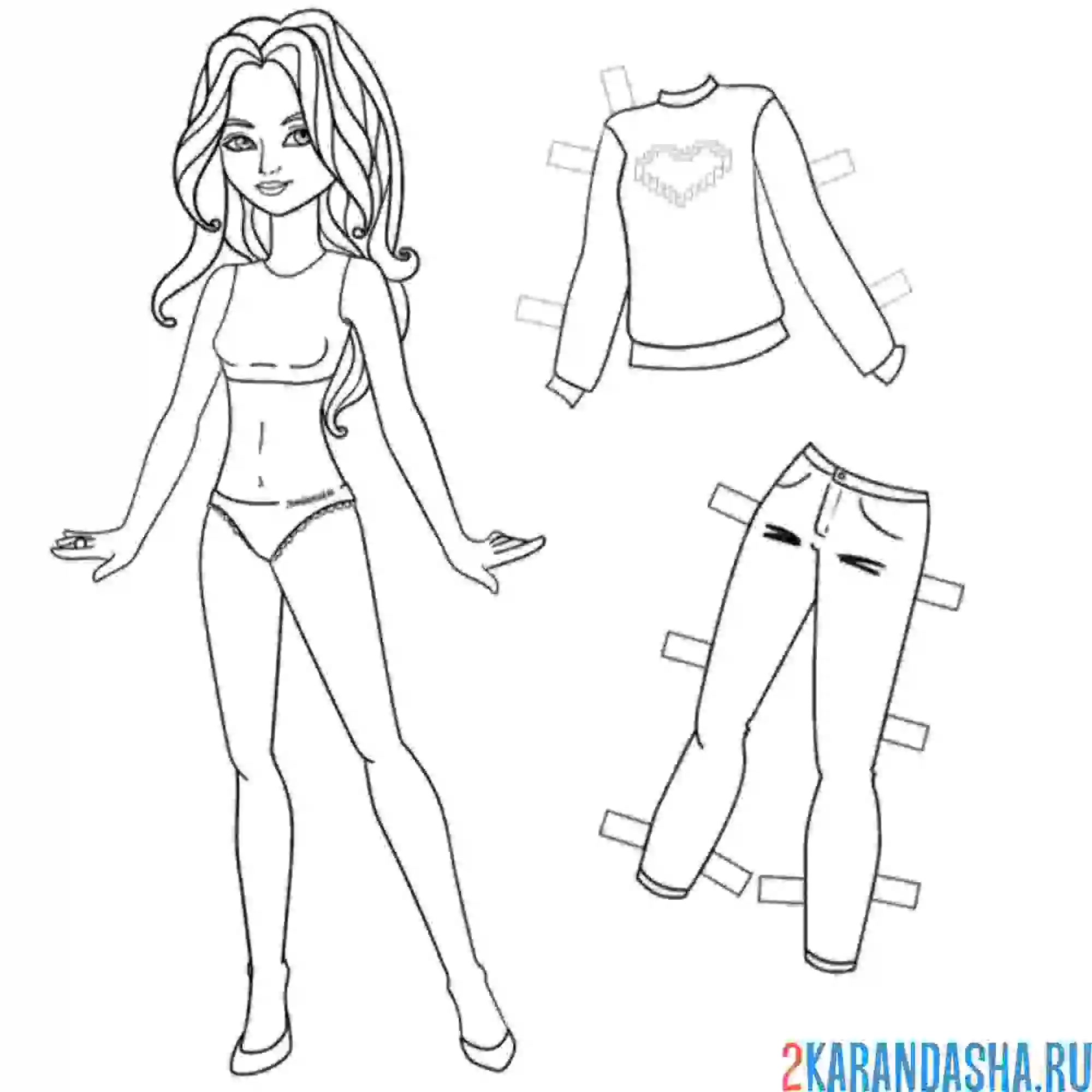 Раскраска бумажная кукла для вырезания миа с теплой одеждой: свитер и джинсы