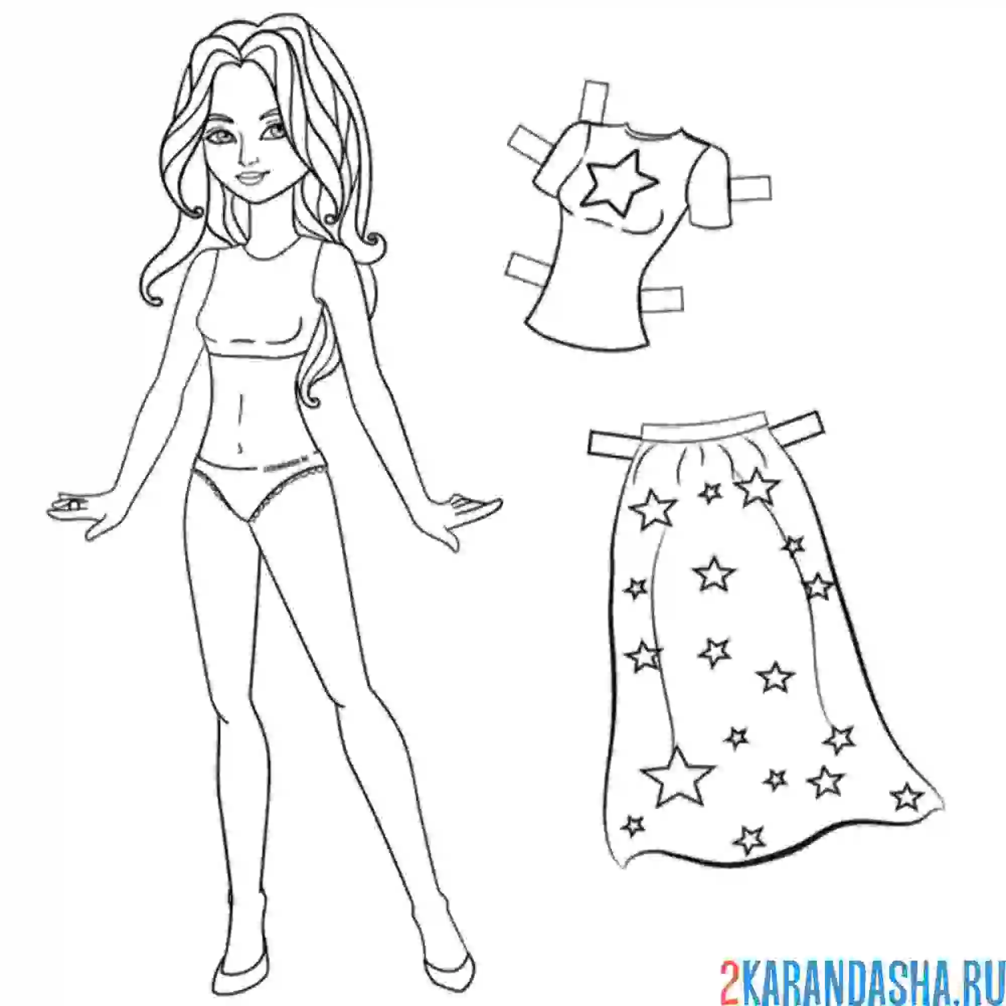 Раскраска бумажная кукла для вырезания миа в туфлях и с одеждой: юбка и топ