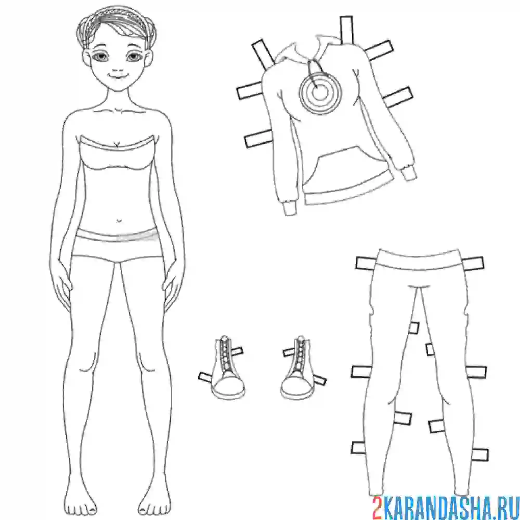 Раскраска бумажная кукла для вырезания настя и спортивная одежда