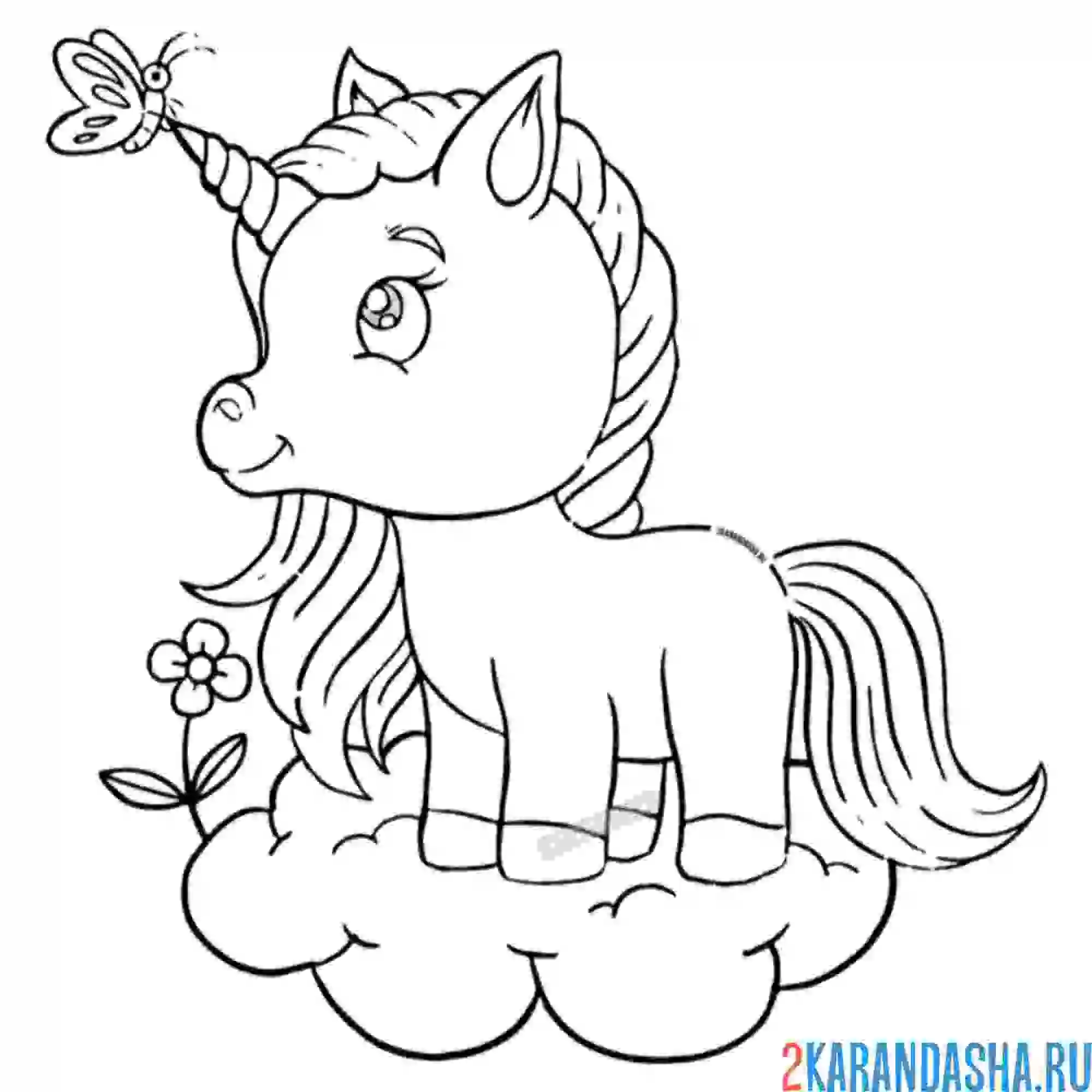 Раскраска милый единорог с бабочкой