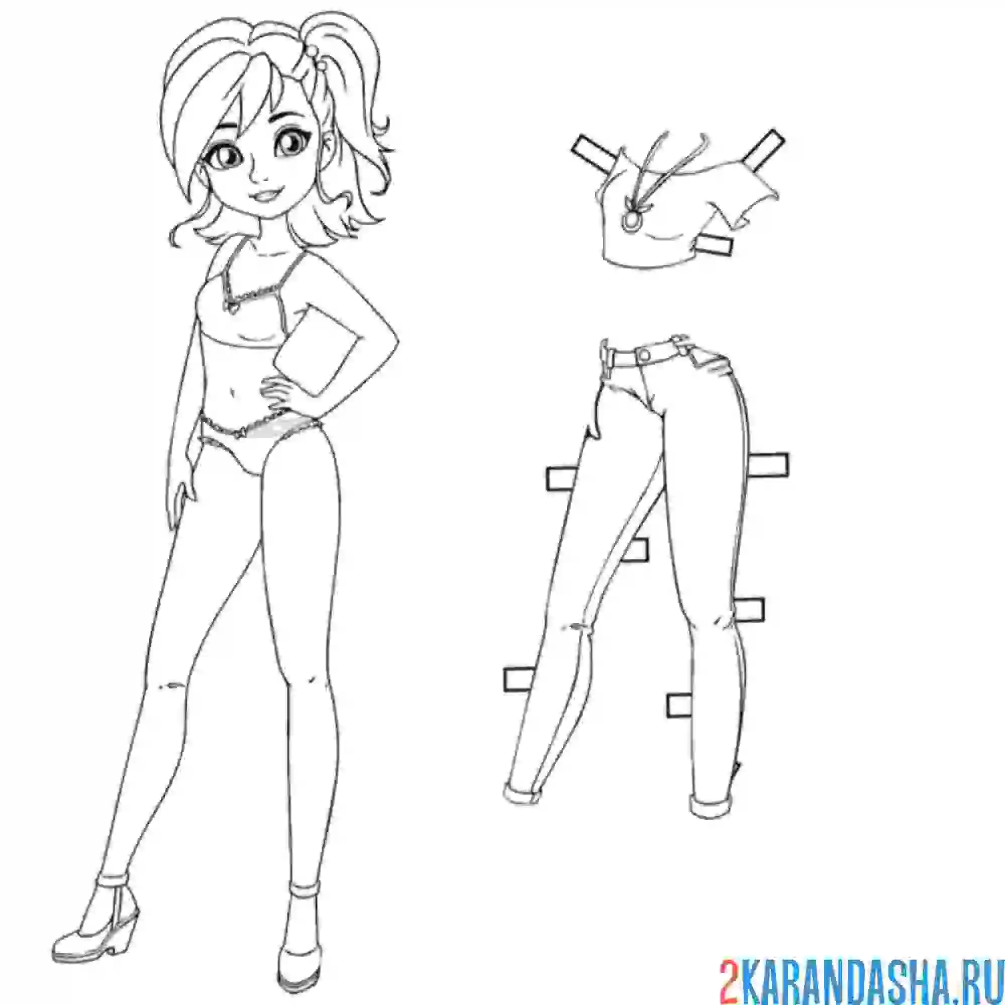 Раскраска бумажная кукла для вырезания жасмин с одеждой: брюки и топ