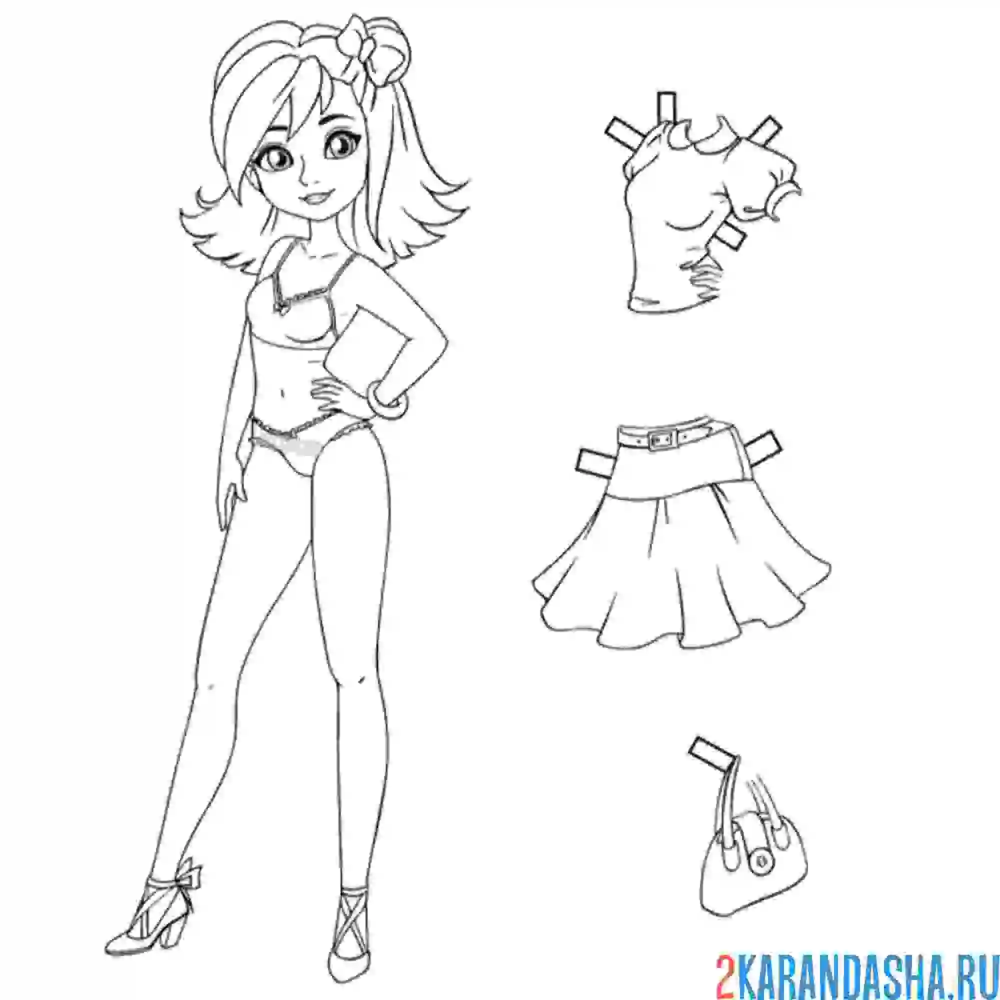 Раскраска бумажная кукла для вырезания виолетта с одеждой: юбка и блузка