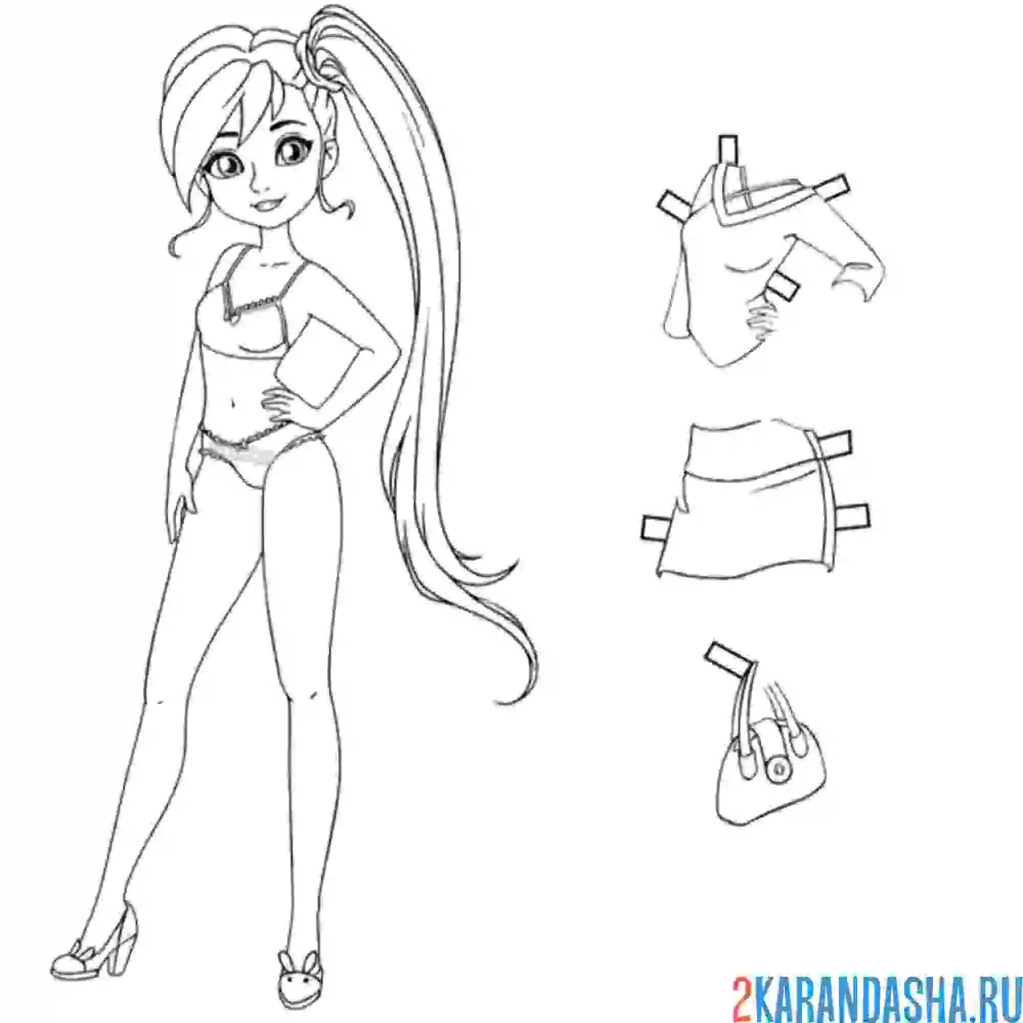 Раскраска бумажная кукла для вырезания диана с одеждой: юбка, кофточка и сумка