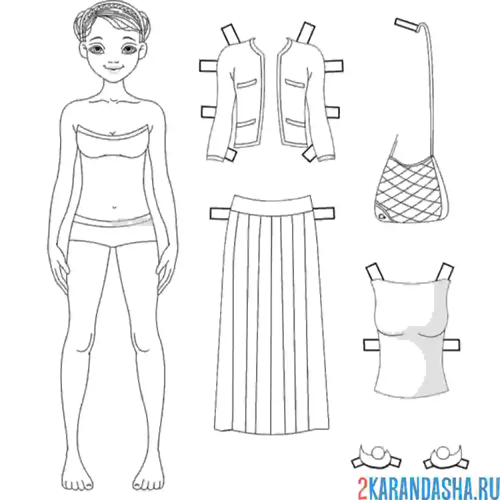Раскраска бумажная кукла для вырезания: настя с одеждой: длинная юбка, жакет, блузка и туфли