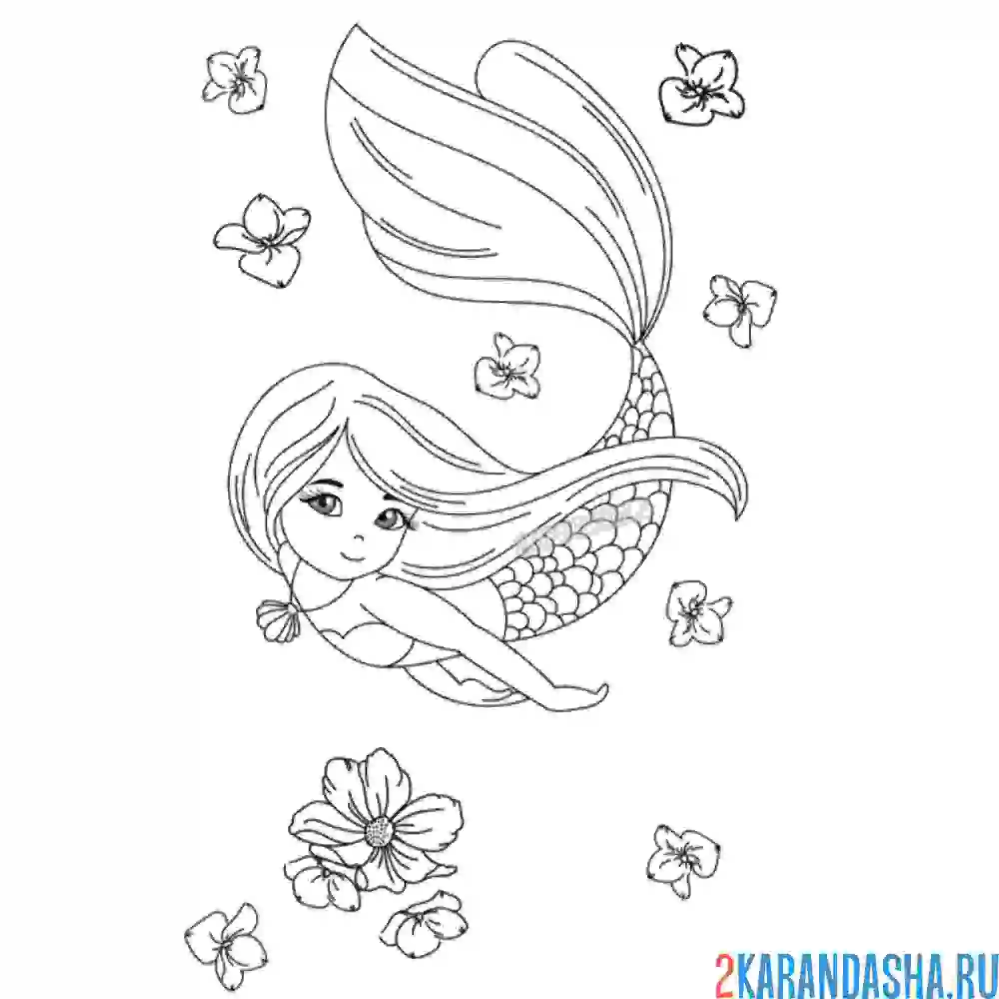 Раскраска русалка под водой в море с большим хвостом