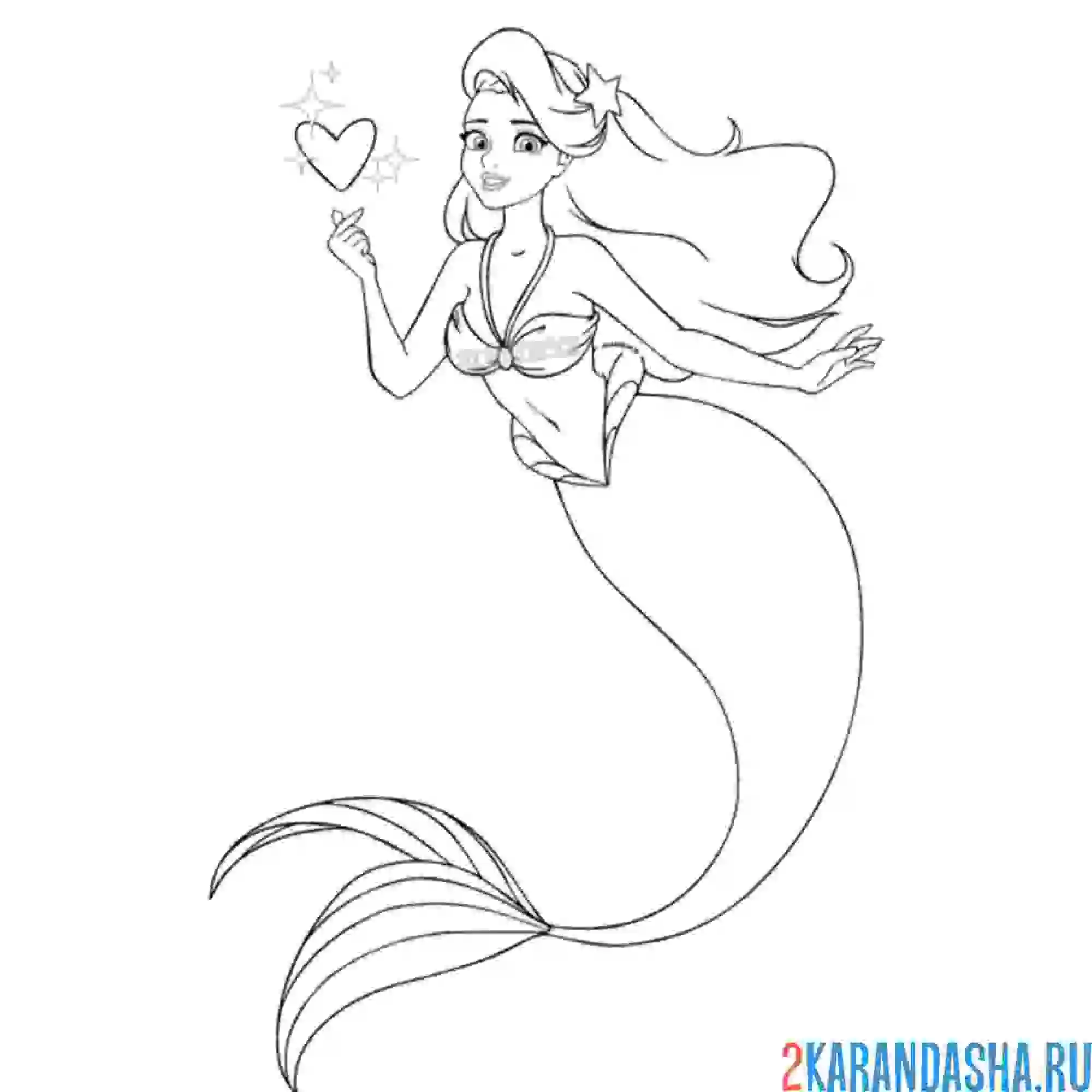 Раскраска русалка красивая, как барби с сердечком