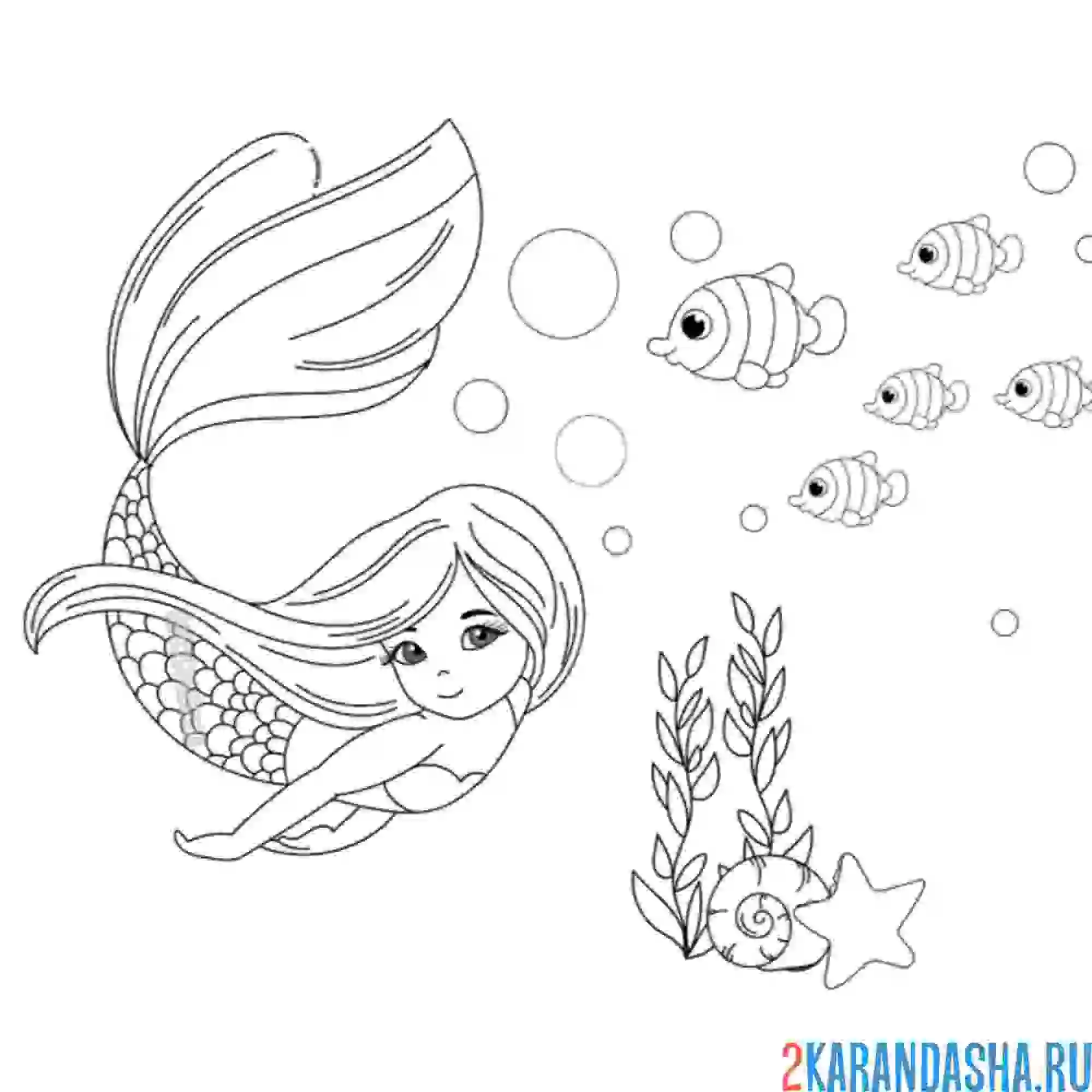 Раскраска русалка с рыбами под водой