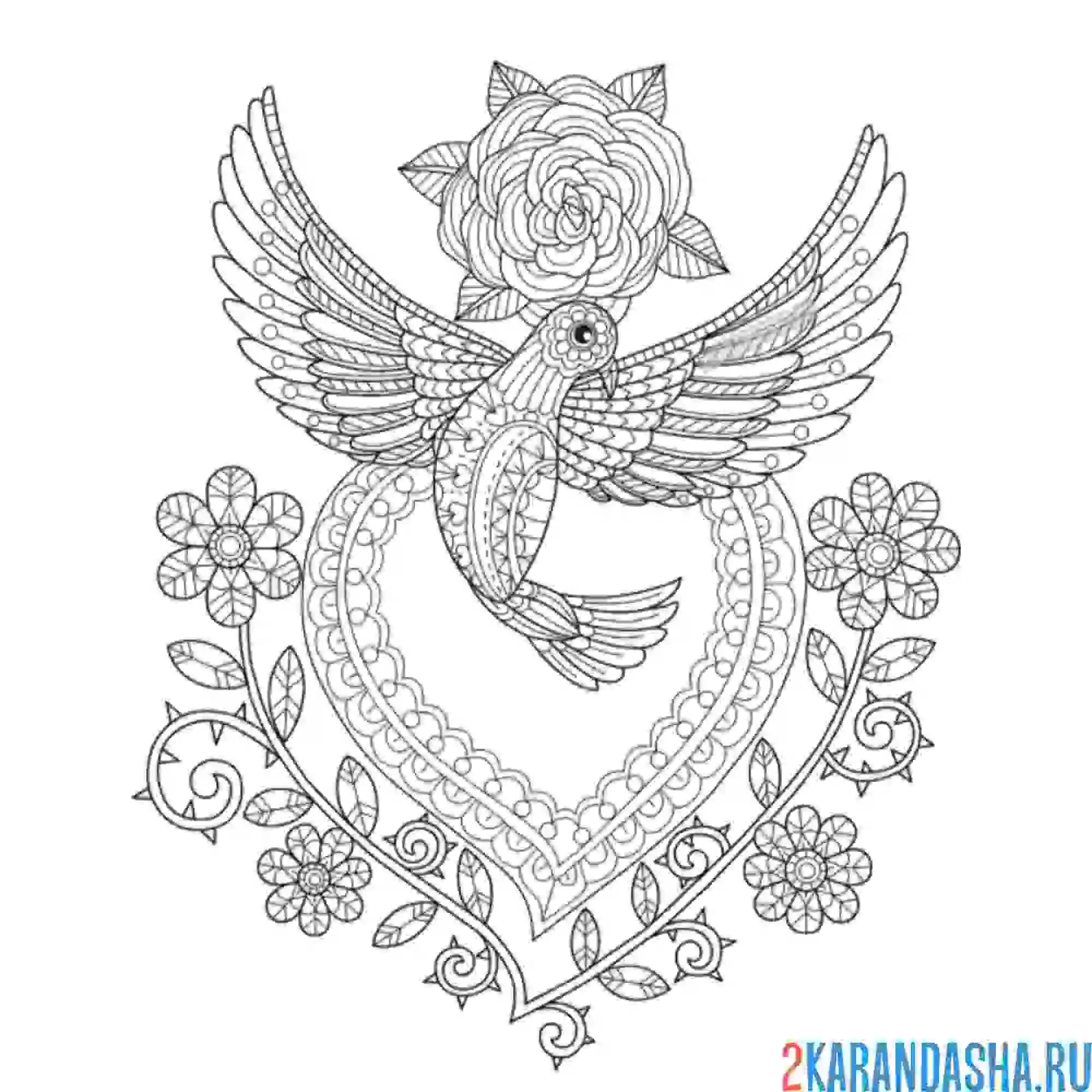 Раскраска птица, цветы и сердце