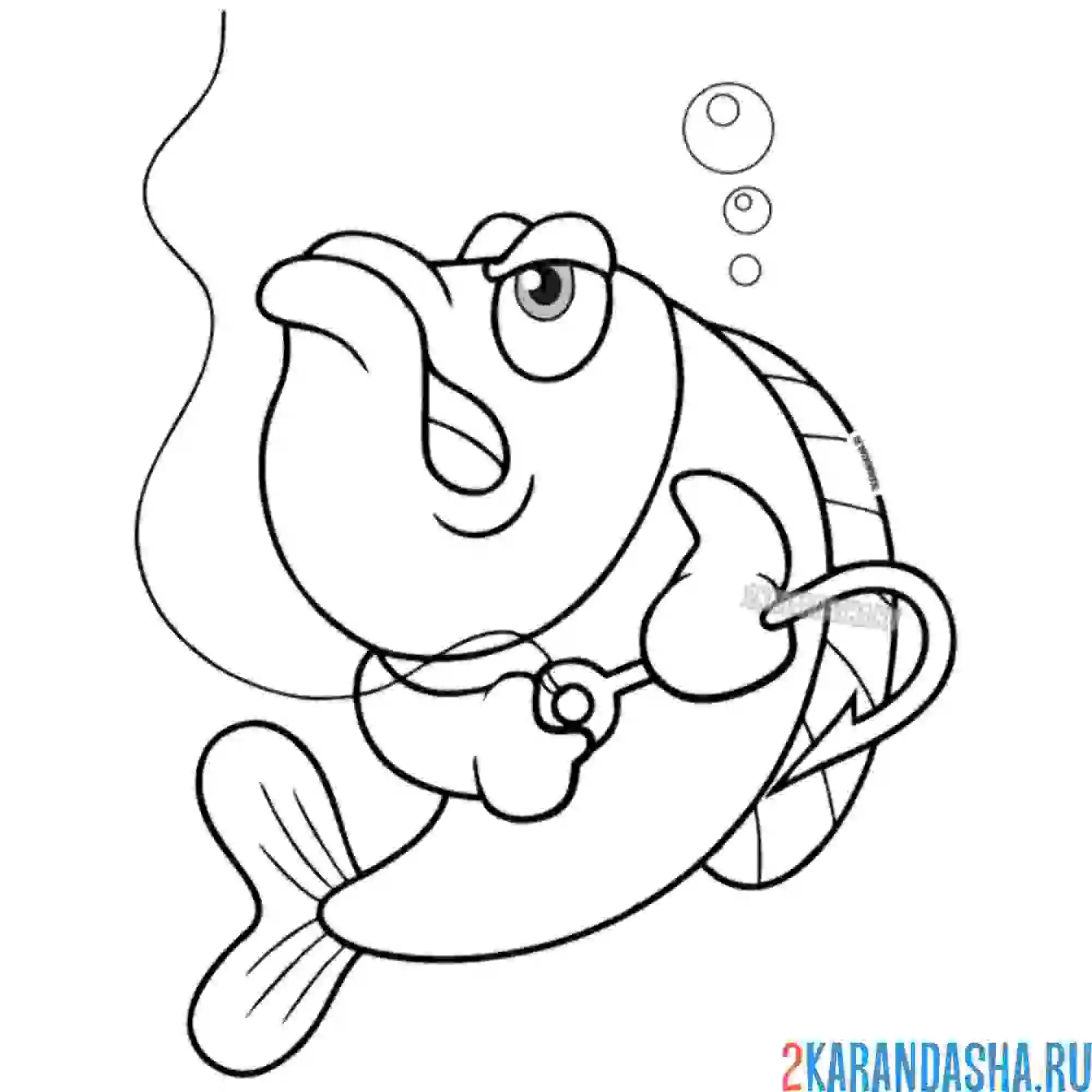 Раскраска рыба с рыболовным крючком