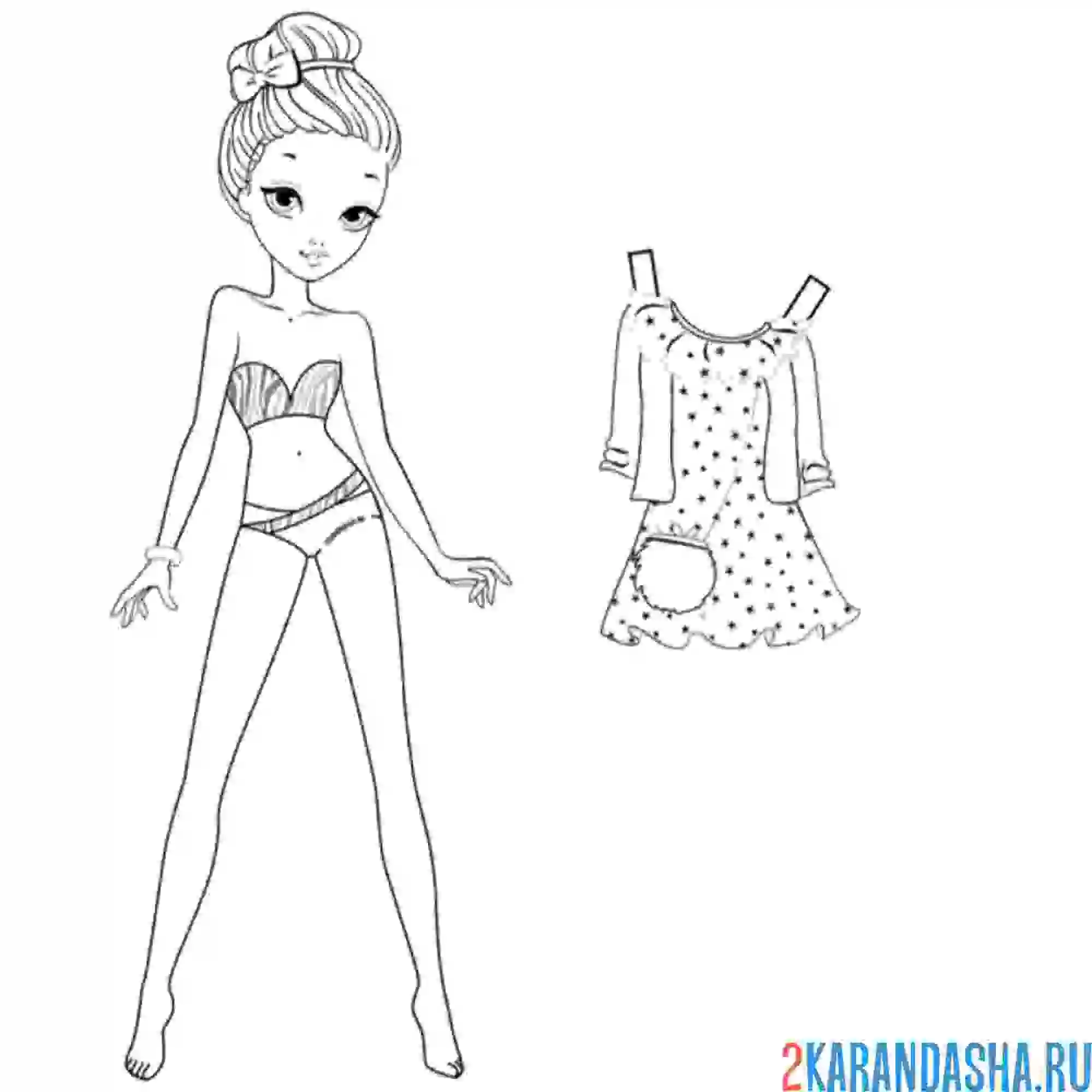 Раскраска бумажная кукла для вырезания злата с одеждой: платье и сумочкой