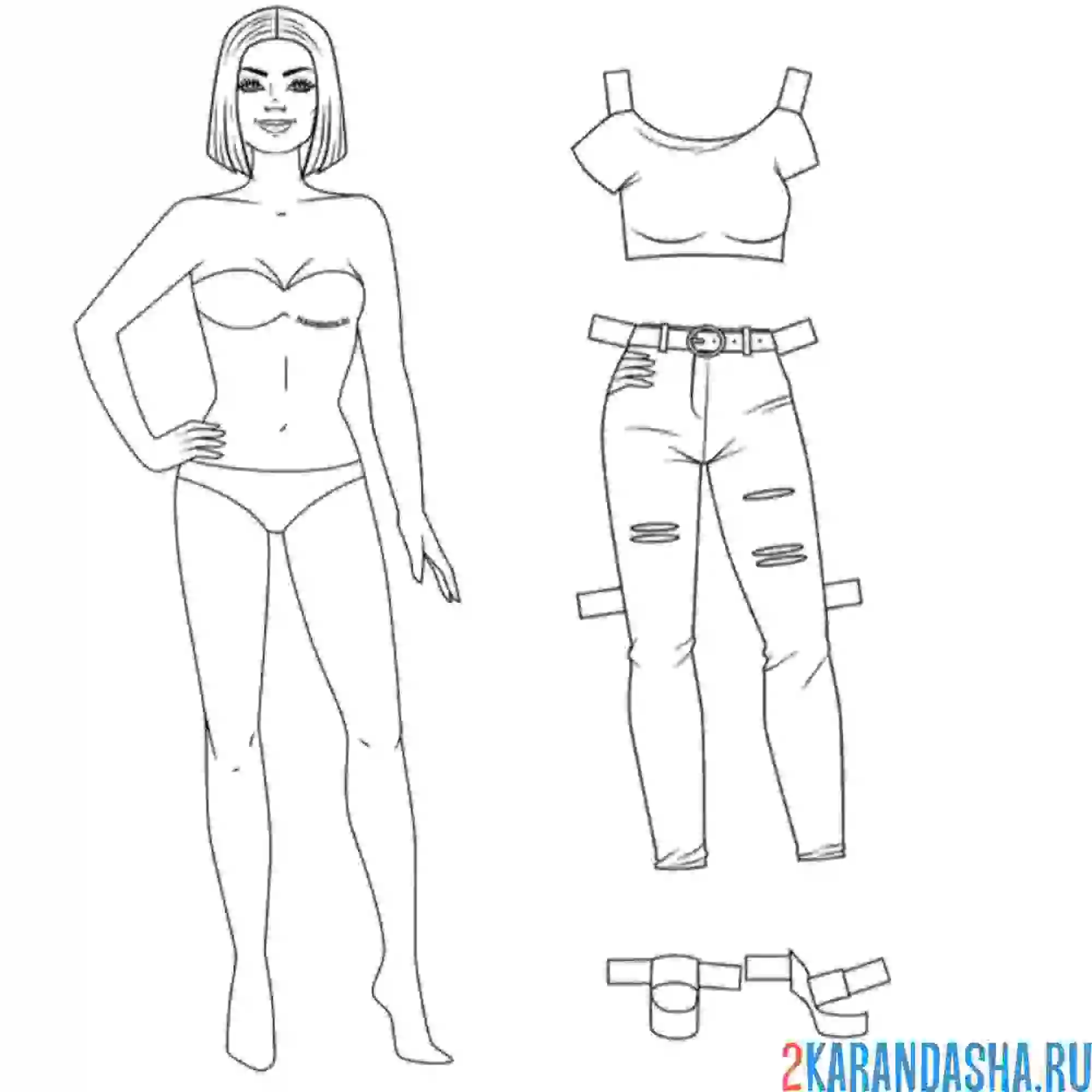Раскраска бумажная кукла для вырезания жасмин с одеждой: топ и джинсы