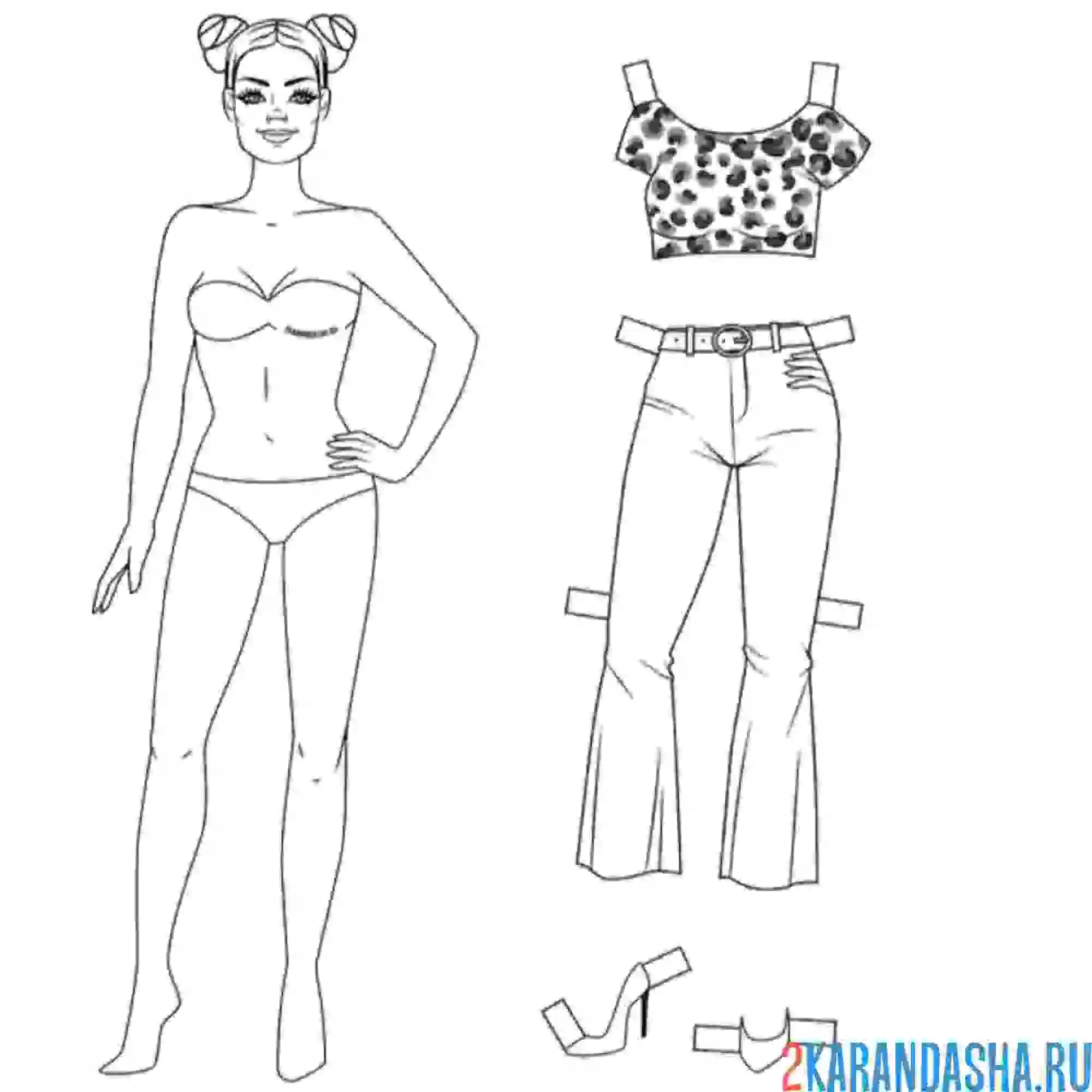 Раскраска бумажная кукла для вырезания вероника с одеждой и туфлями