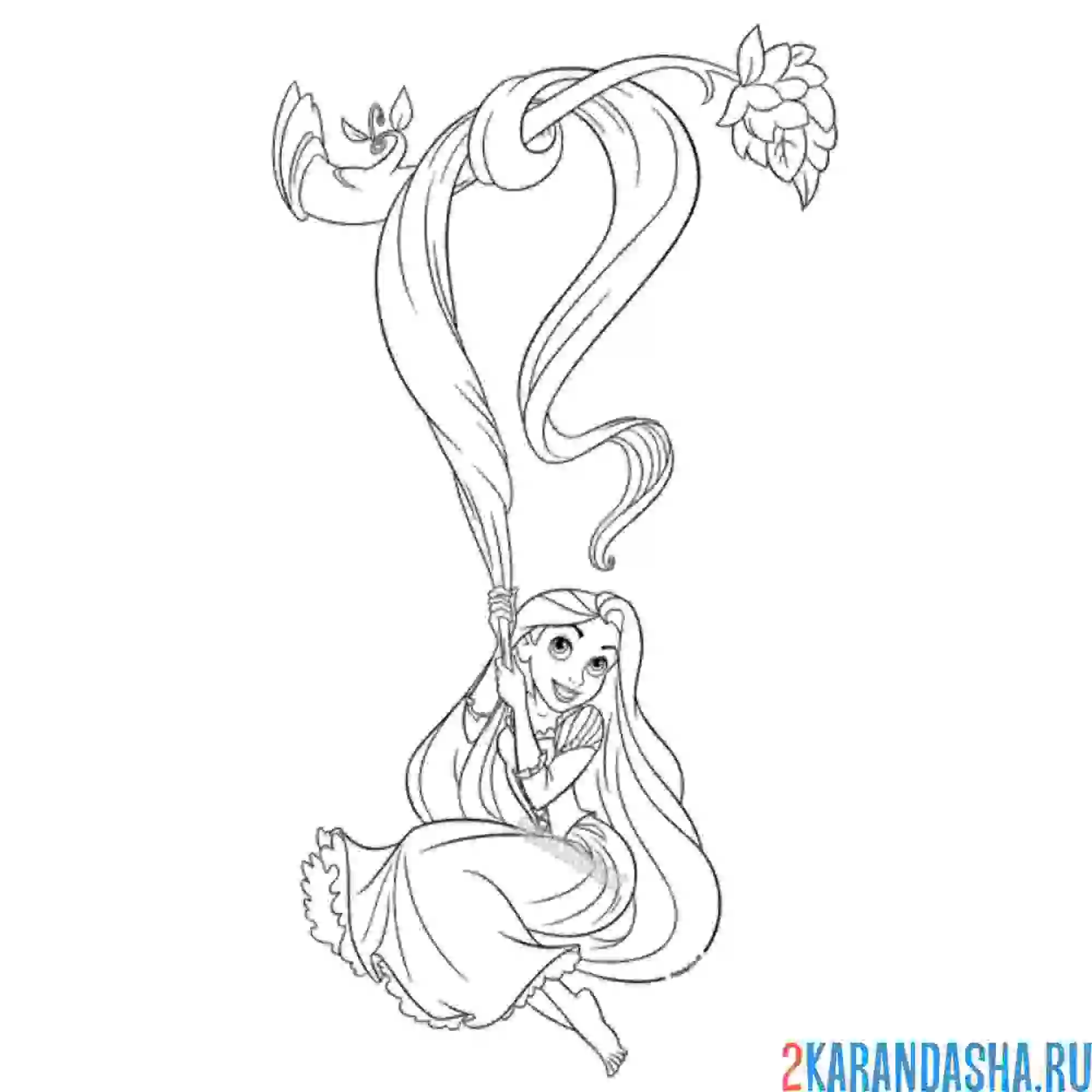 Раскраска принцесса висит на волосах на ветке