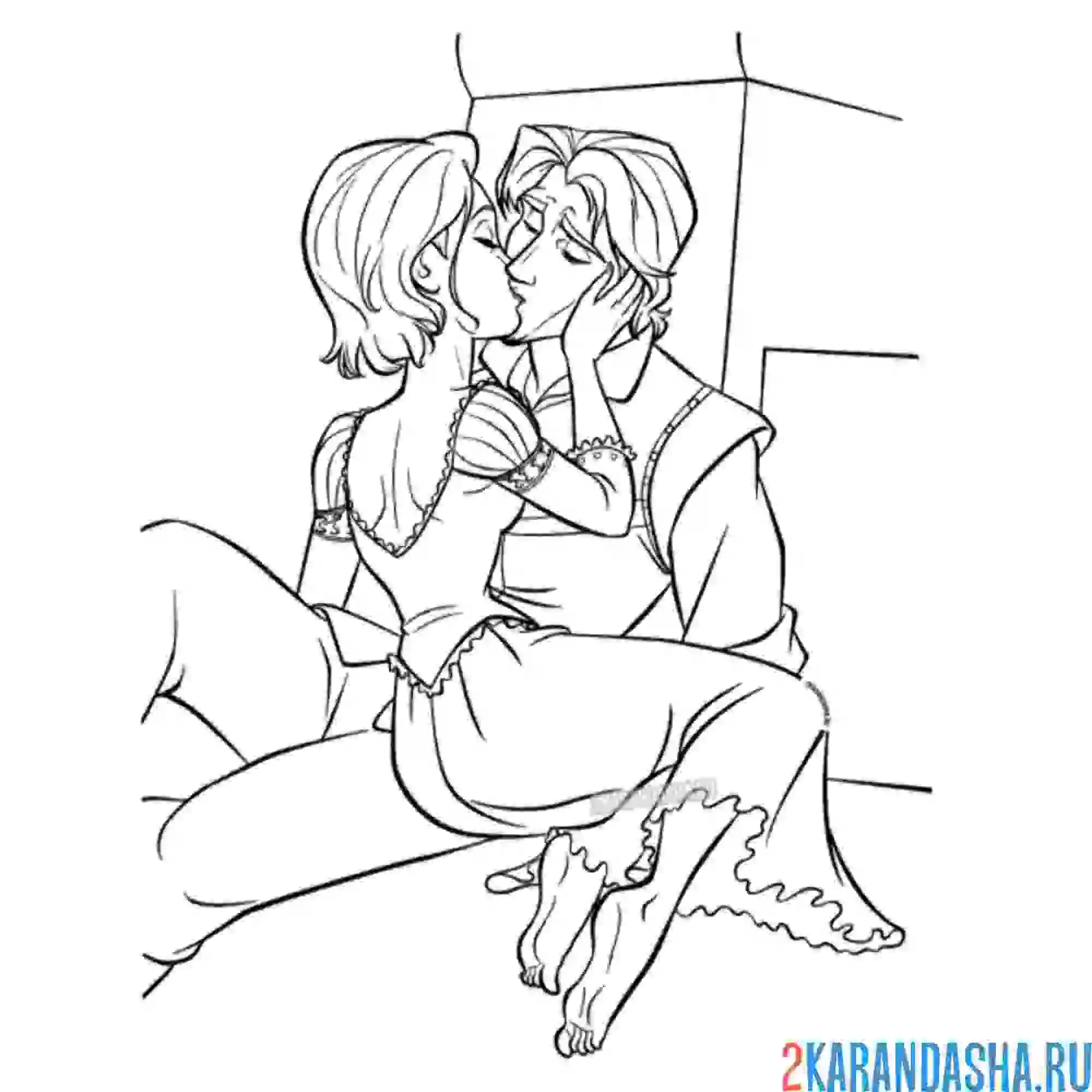 Раскраска принцесса с короткими волосами целует флина