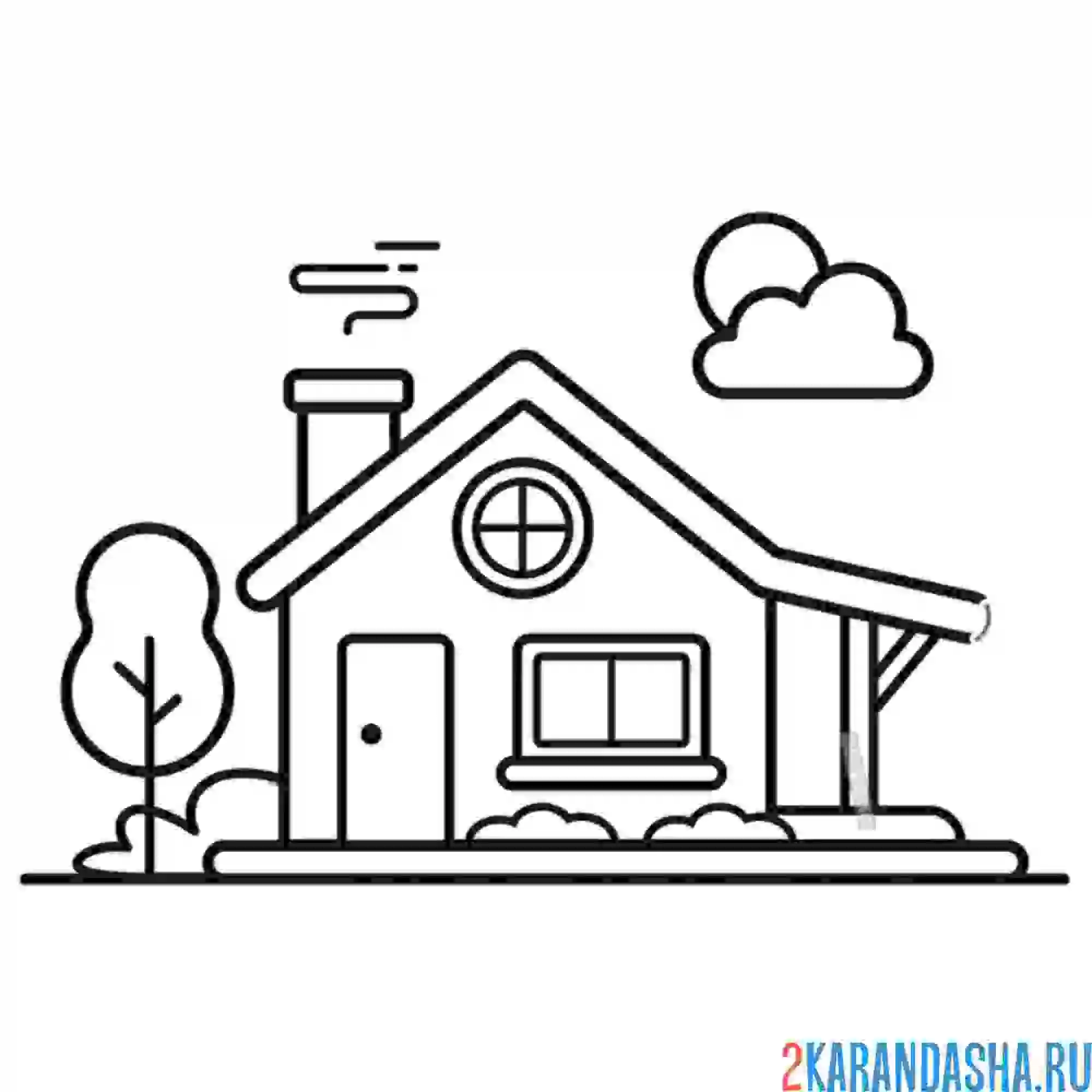 Раскраска домик с трубой и деревцем