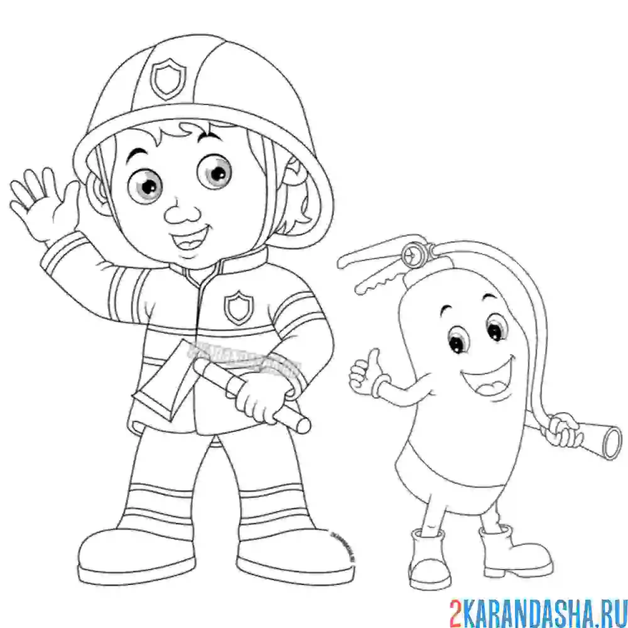 Раскраска пожарный и огнетушитель