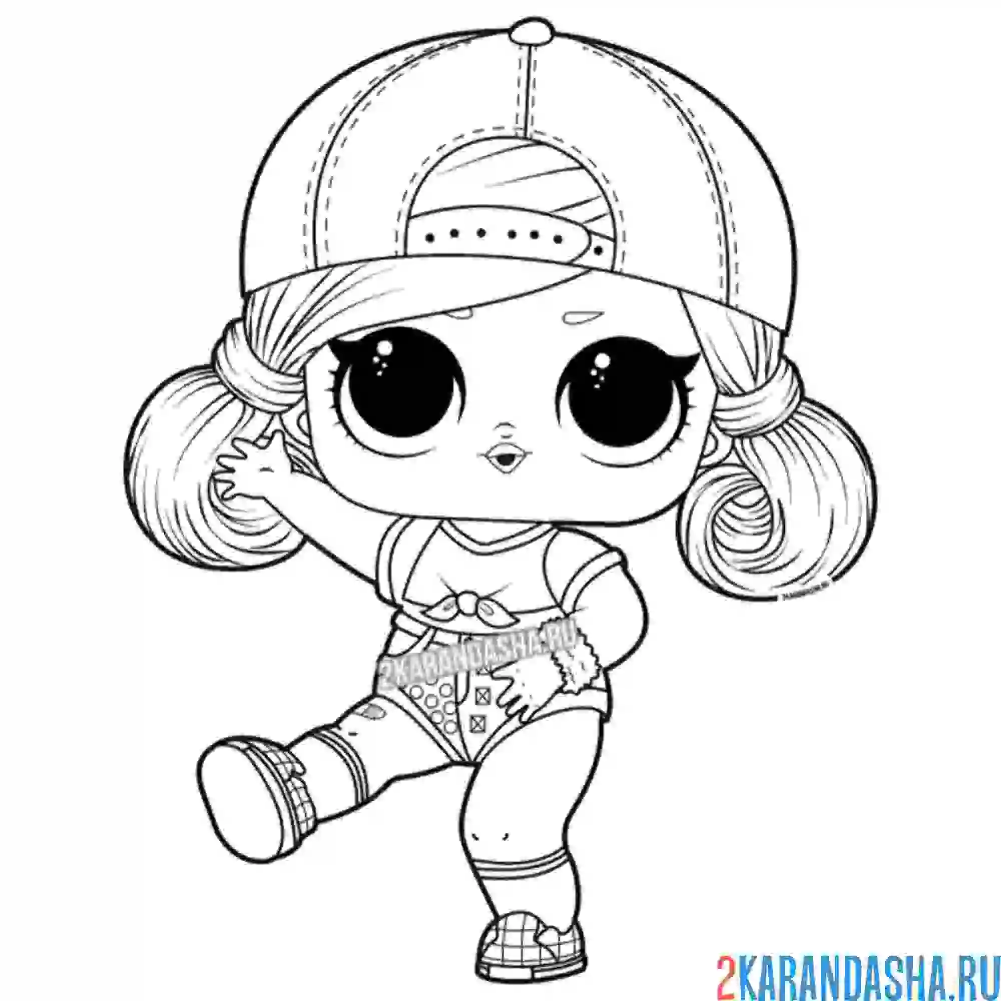 Раскраска кукла лол в кепке и с двумя хвостиками