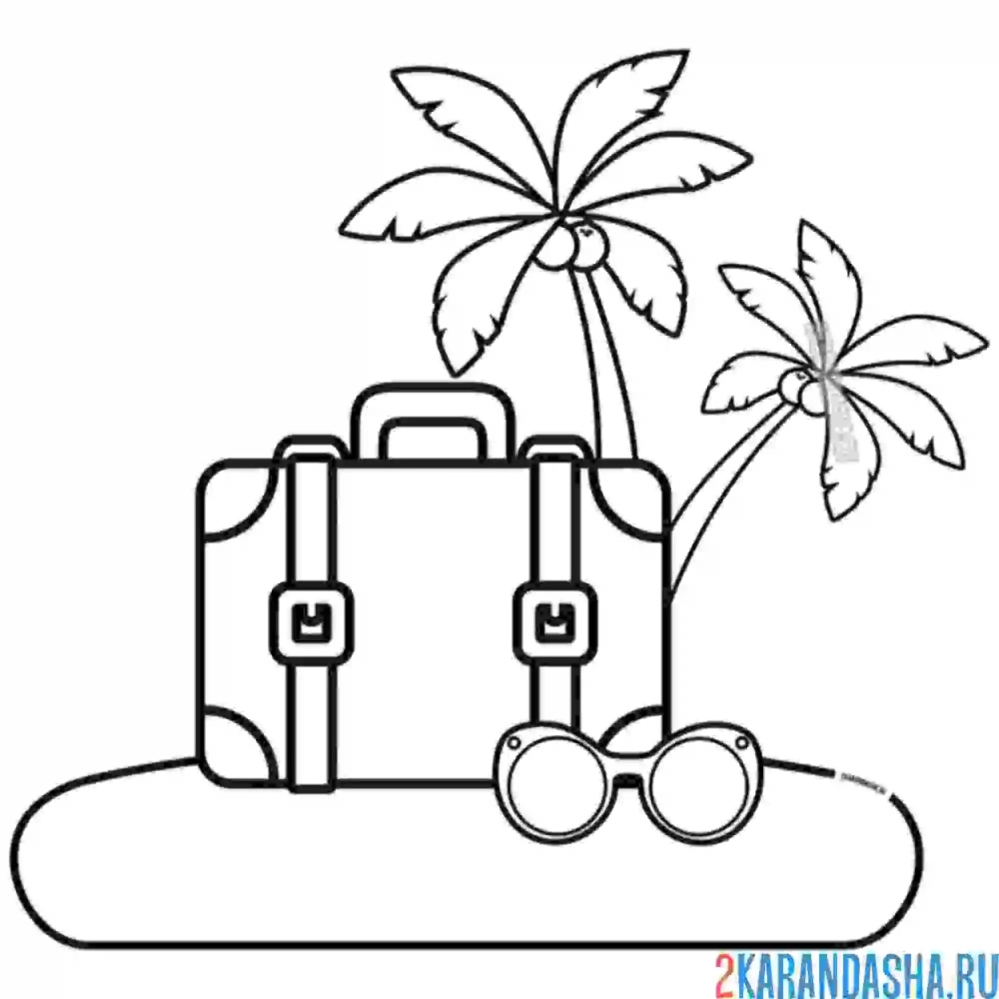 Раскраска чемодан, пальма и очки