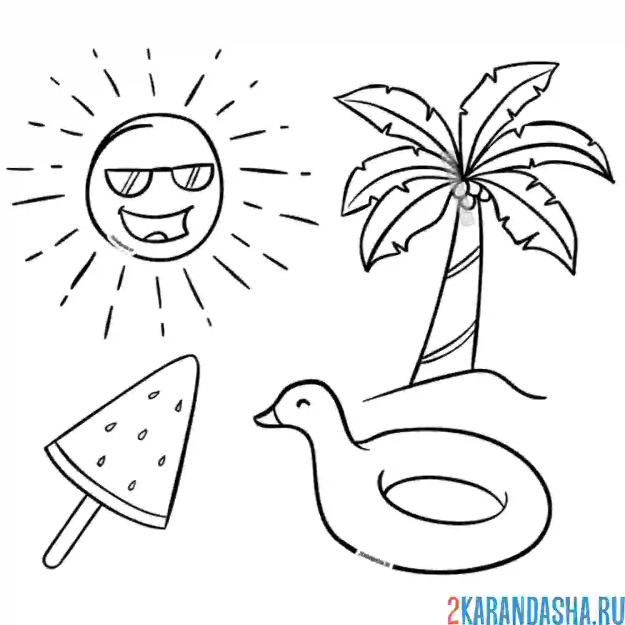 Раскраска солнце, мороженое, пальма, уточка, лето