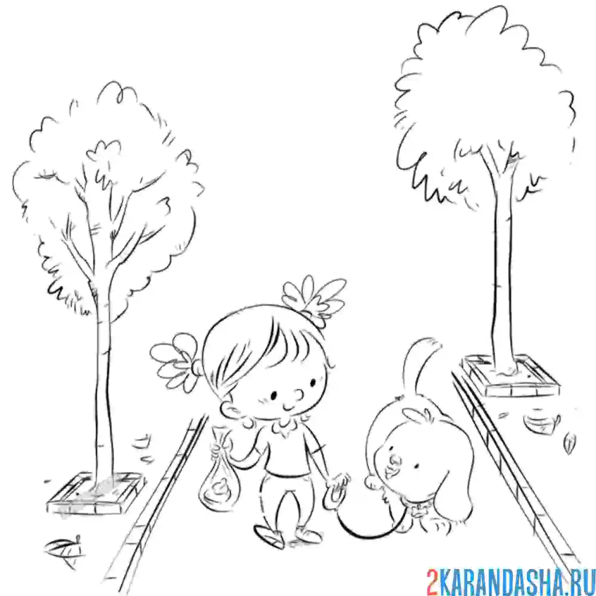 Раскраска девочка гуляет по парку с собакой