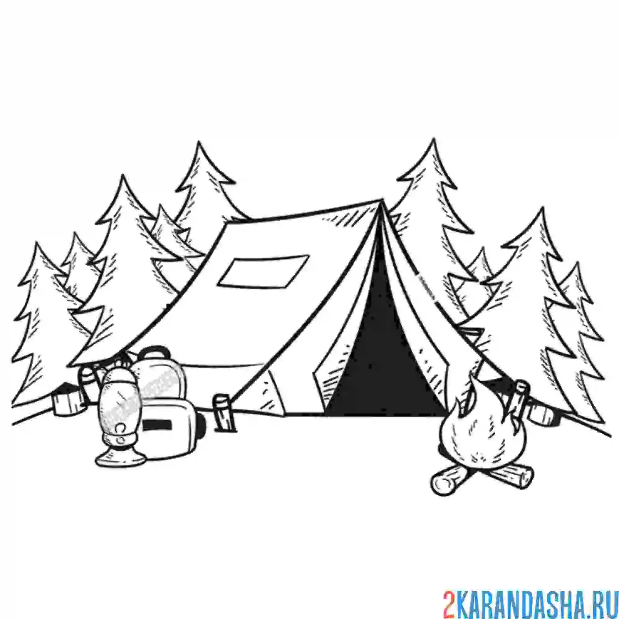 Раскраска лагерь и палатка в лесу, лето