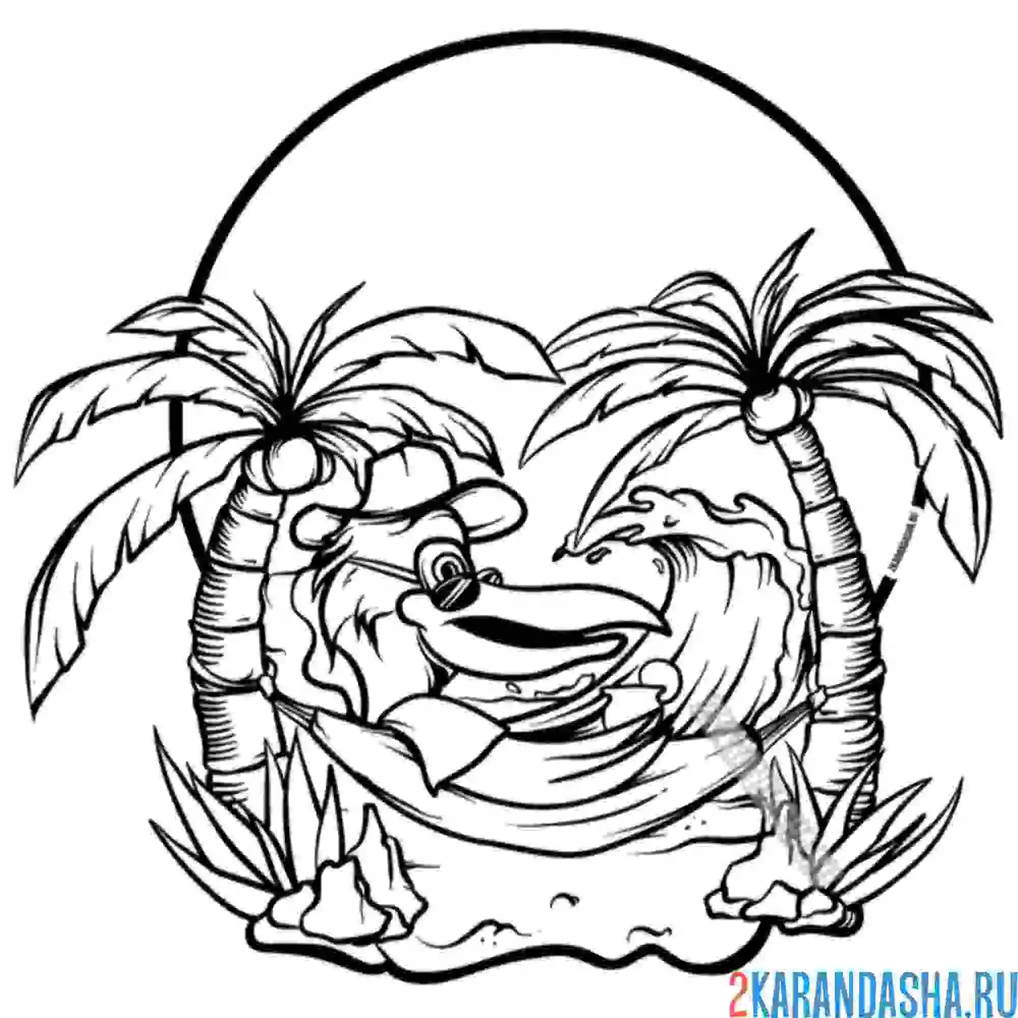 Раскраска пальмы, море, пляж, отпуск, лето