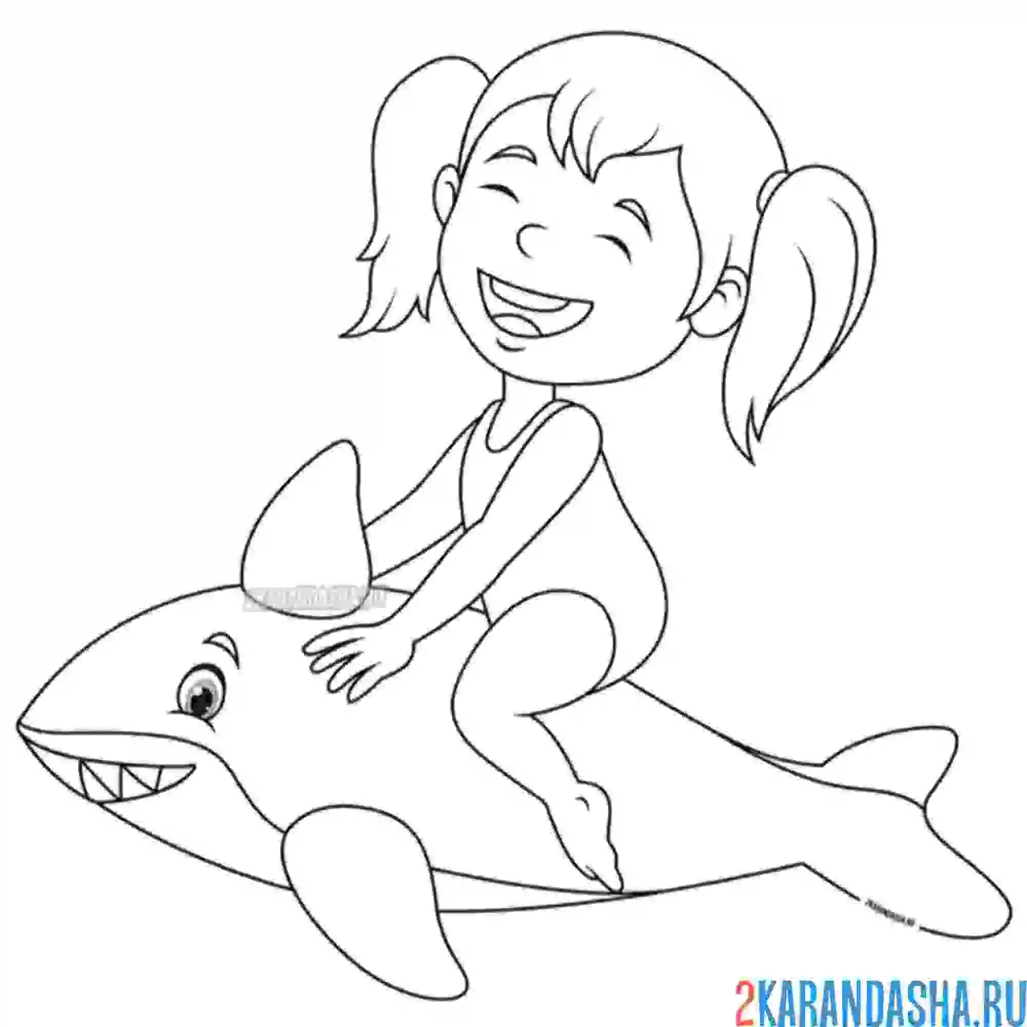 Раскраска девочка на надувной акуле, лето