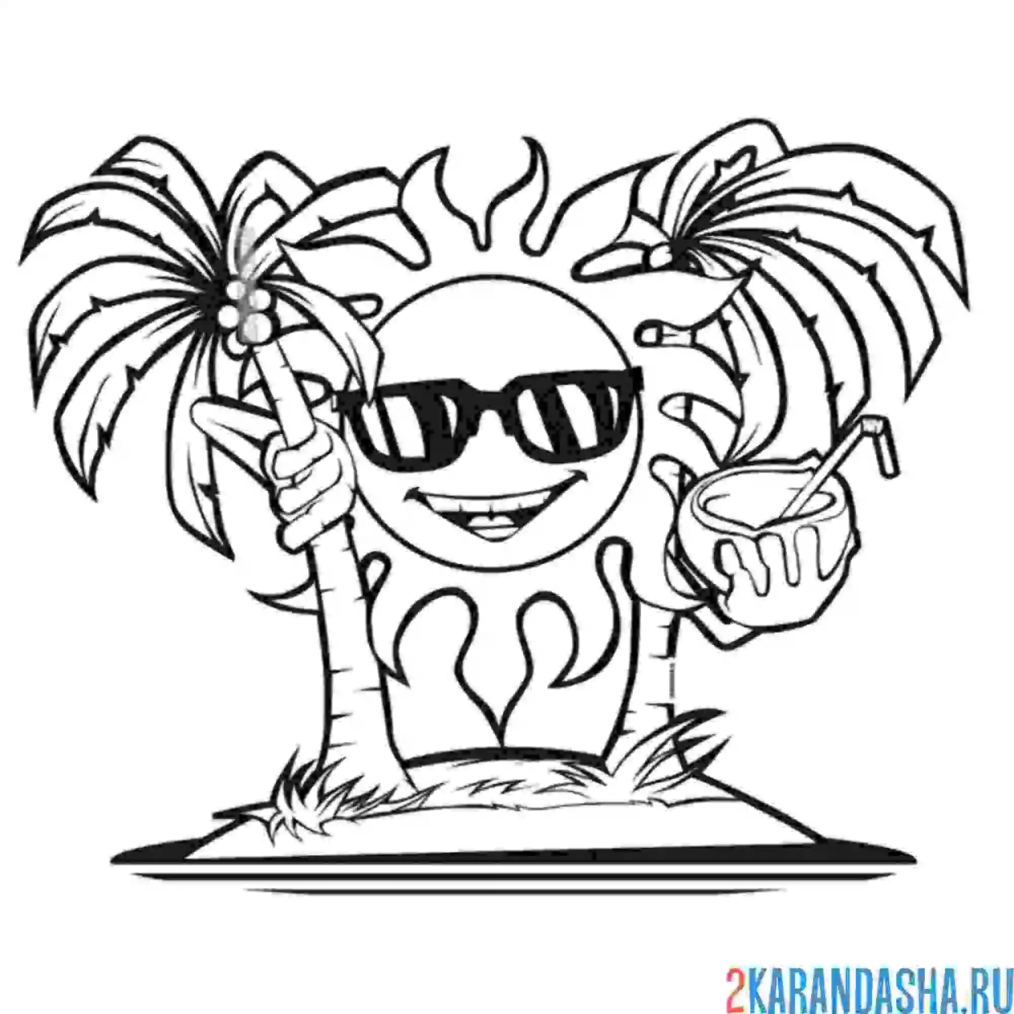 Раскраска солнце, пальмы, кокос, остров, море