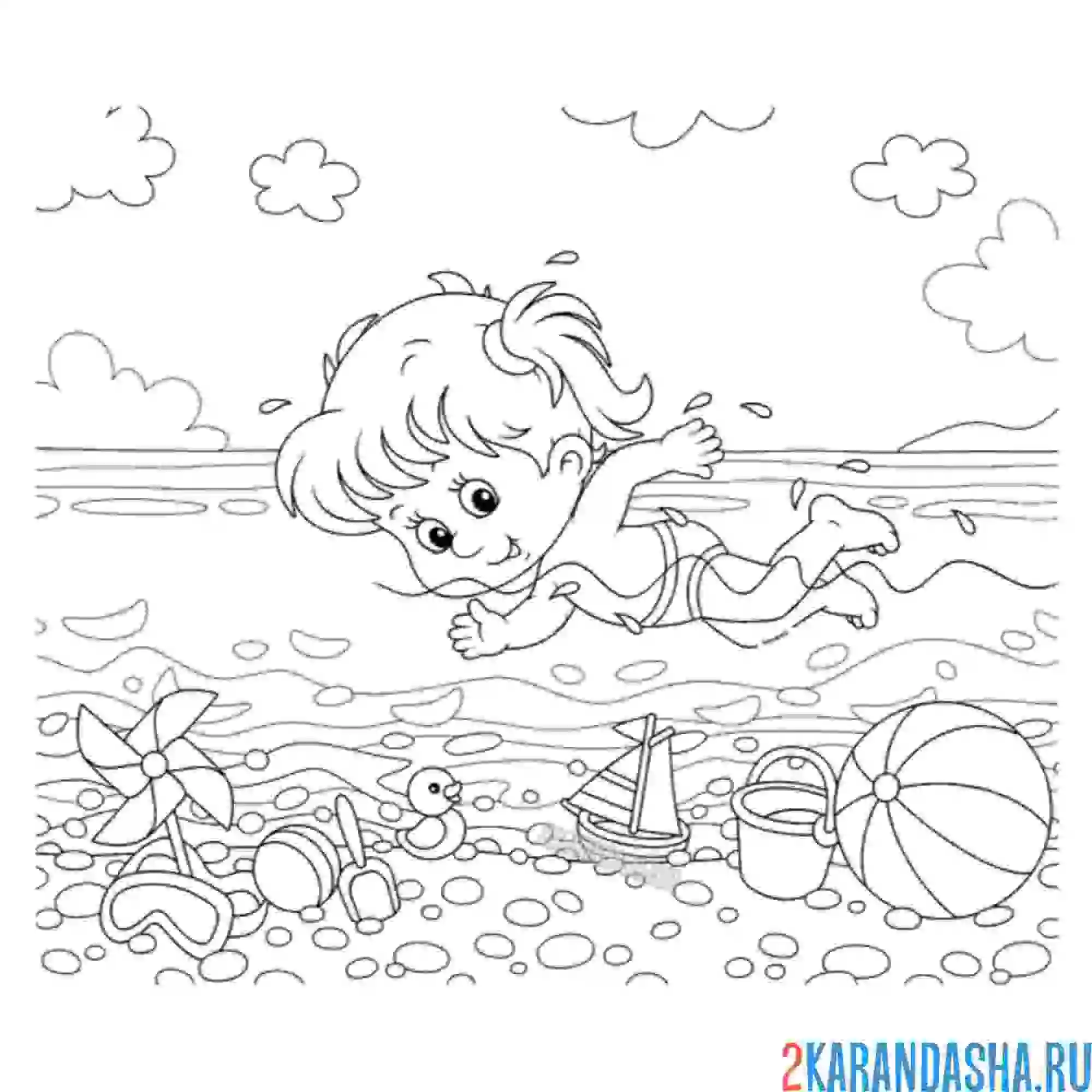 Раскраска девочка плавает в море лето