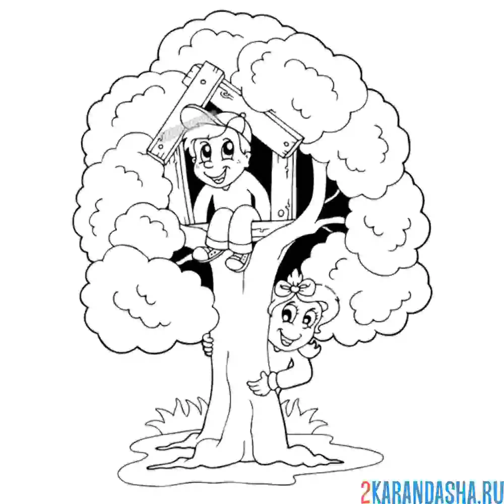 Раскраска дети играют в домик на дереве, лето