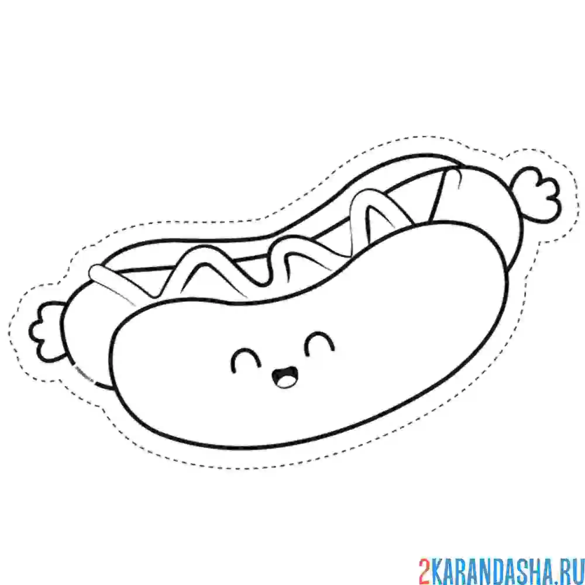 Раскраска хот-дог, булочка с сосиской. кавай с глазками