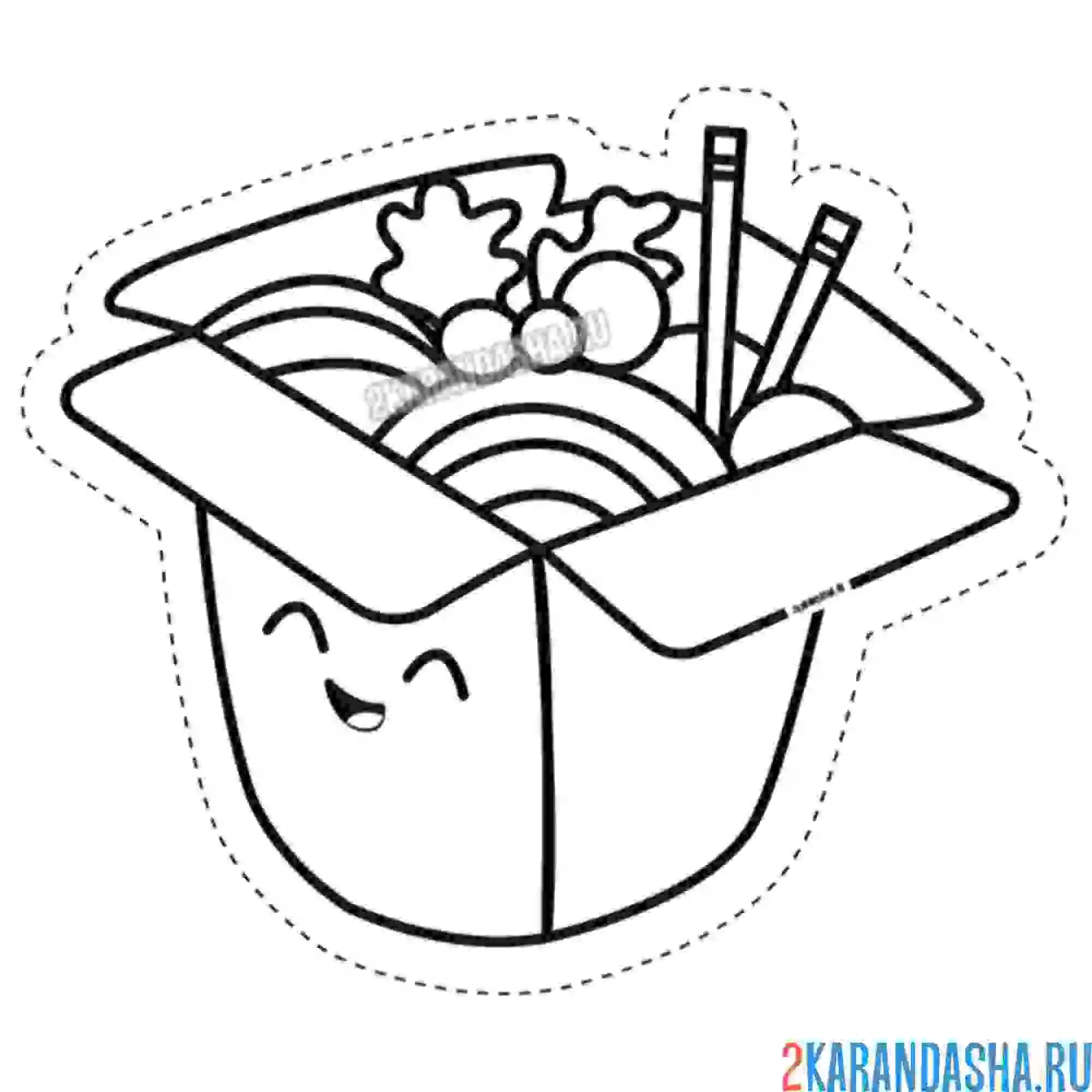 Раскраска вок японская лапша. кавай с глазками