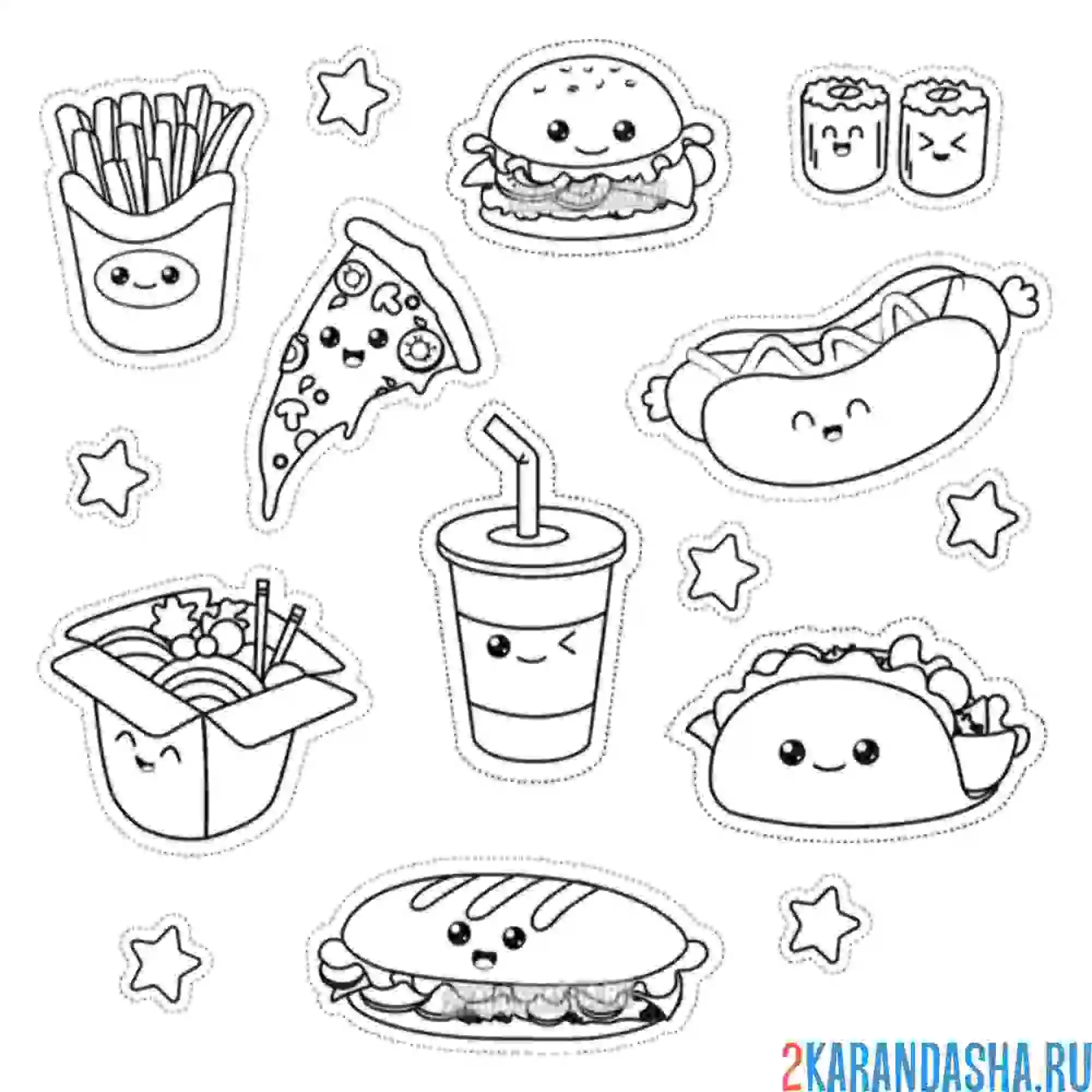 Раскраска много разных блюд. кавай с глазками