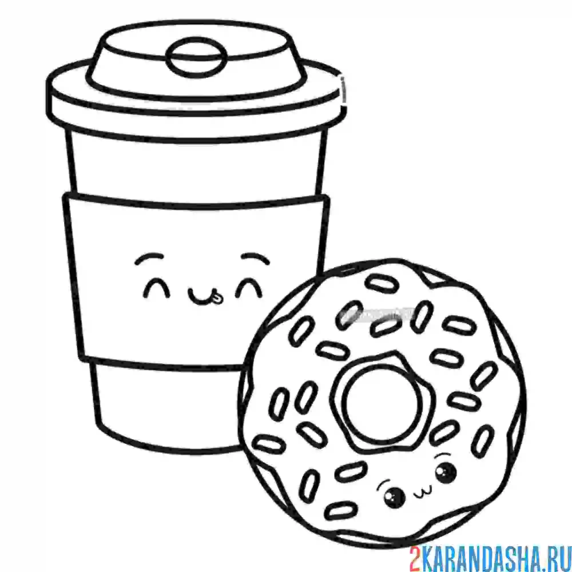 Раскраска напиток, капучино, кофе с пончиком