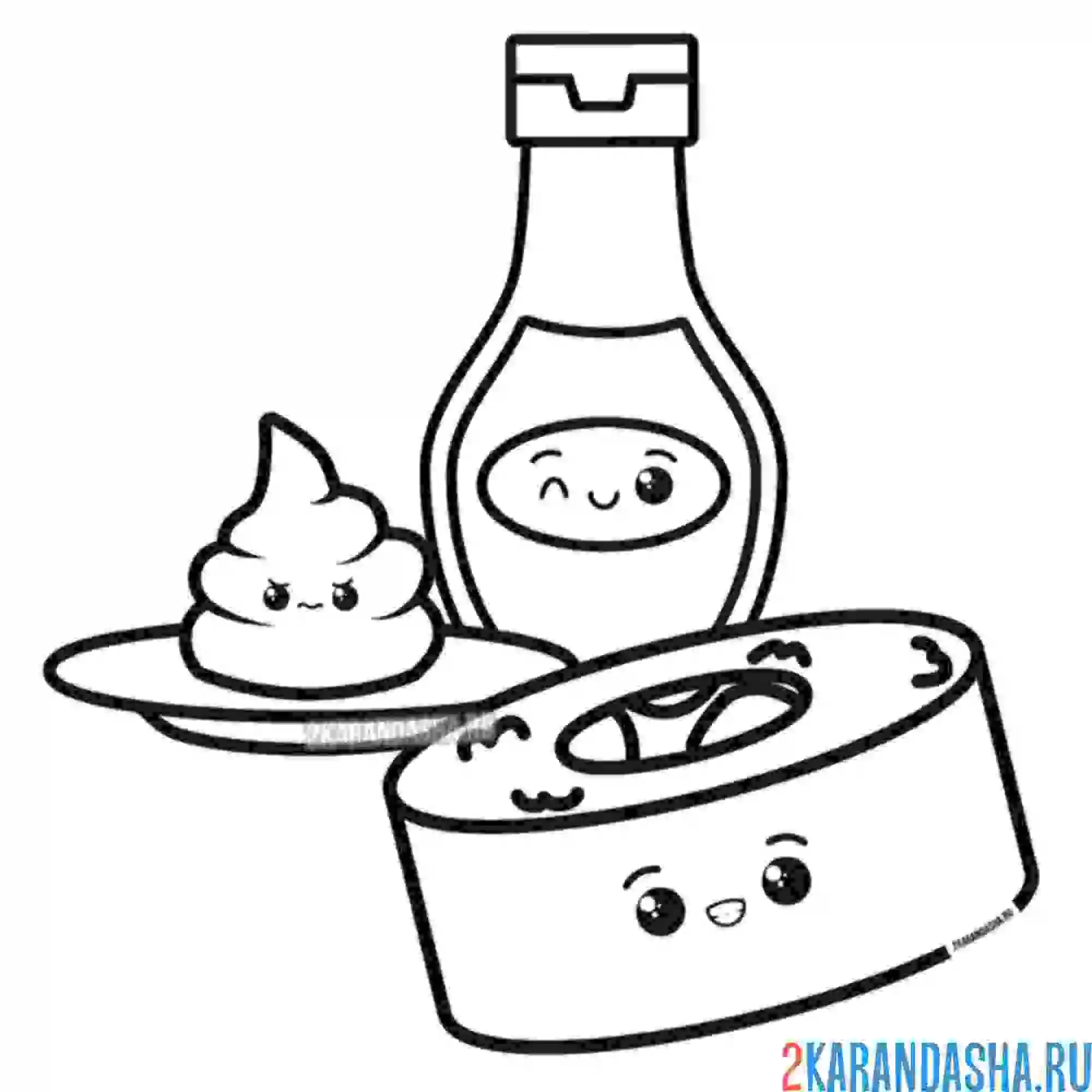 Раскраска суши, роллы, соевый соус, васаби. японская кухня кавай