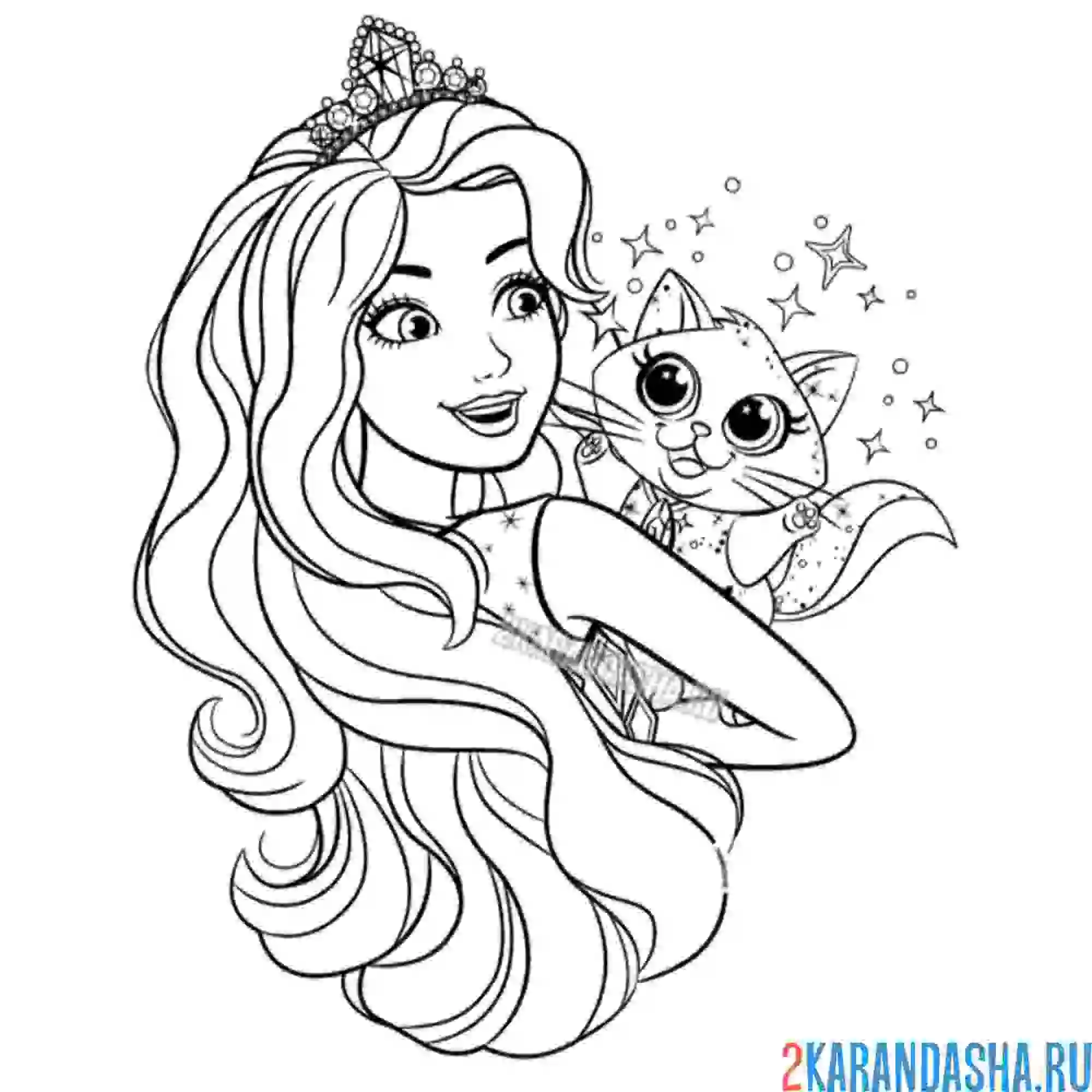 Раскраска барби милашка принцесса с кошечкой