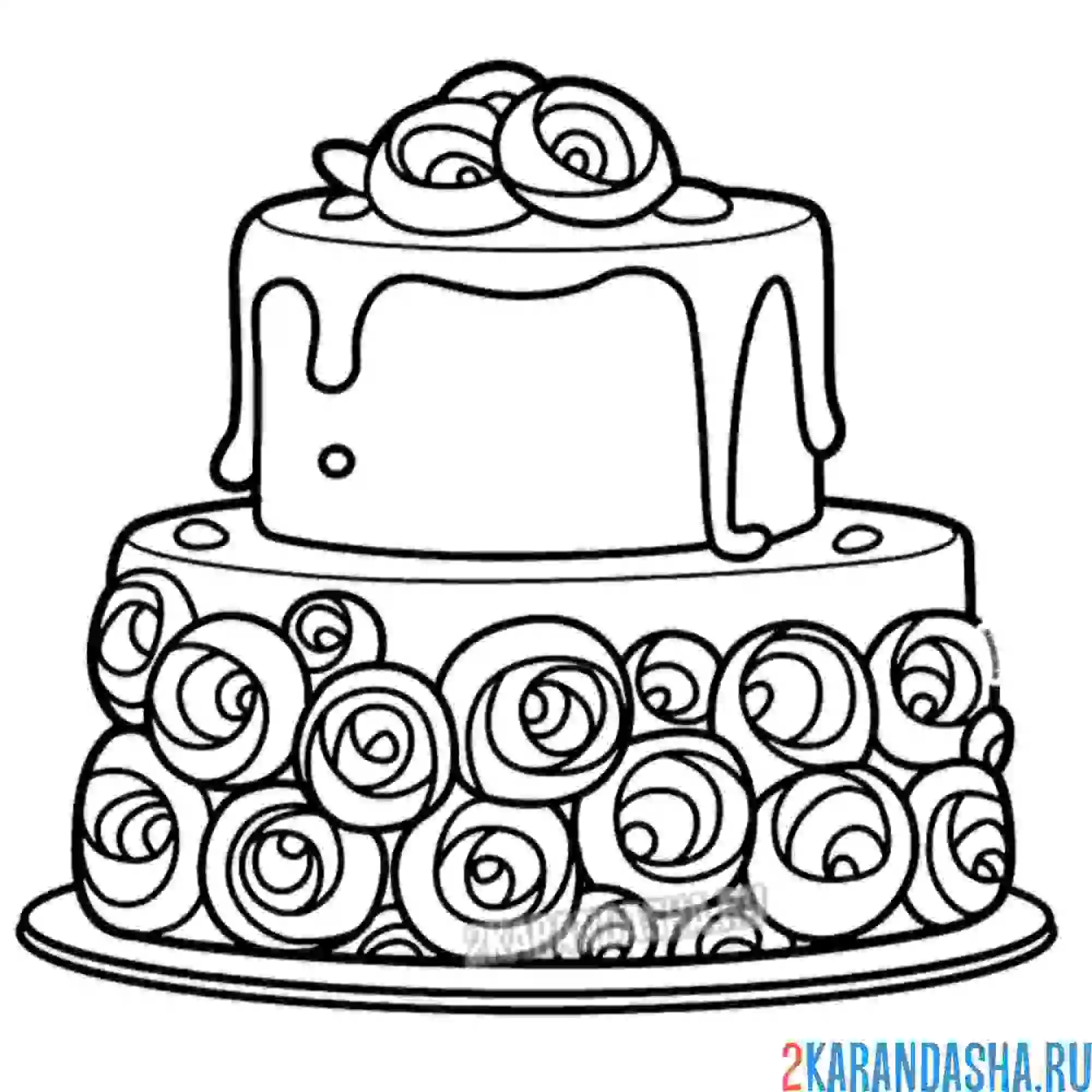 Раскраска большой торт с цветами
