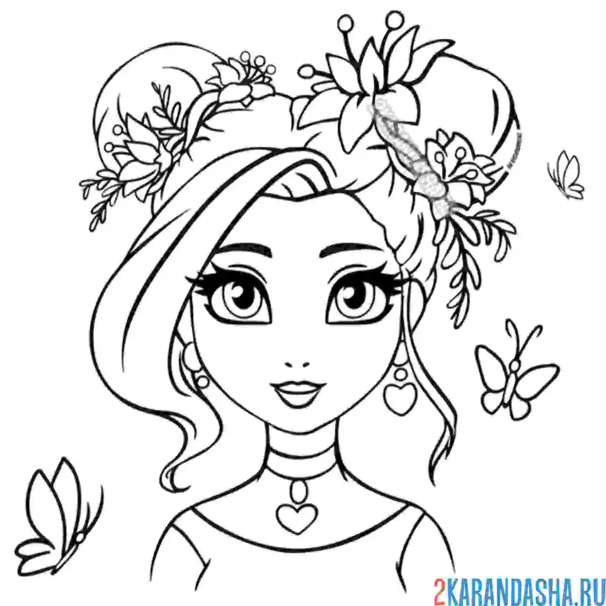 Раскраска красивая девушка прическа и цветы