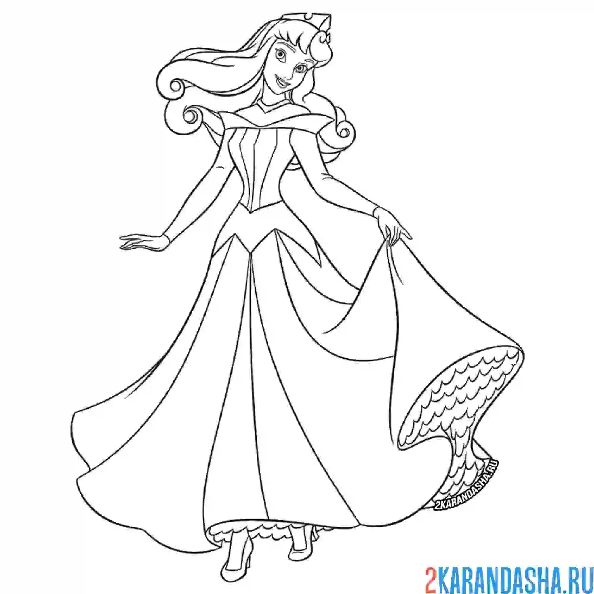 Раскраска принцесса аврора в розовом платье дисней