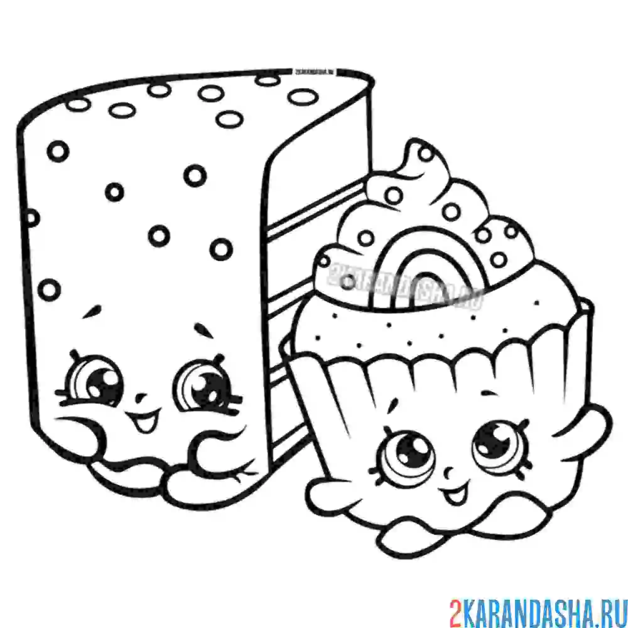 Раскраска шопкинс пирожное и маффин с глазками. кавай