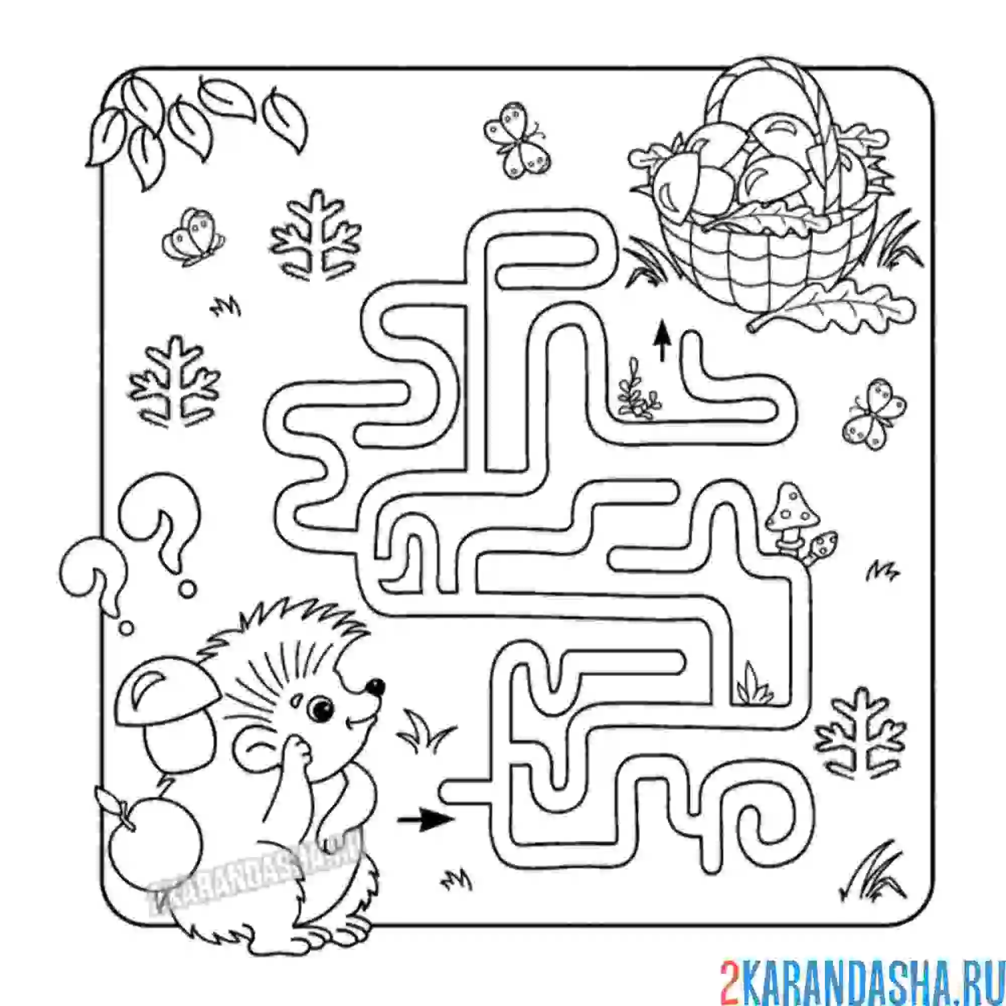 Раскраска лабиринт ежик и корзинка