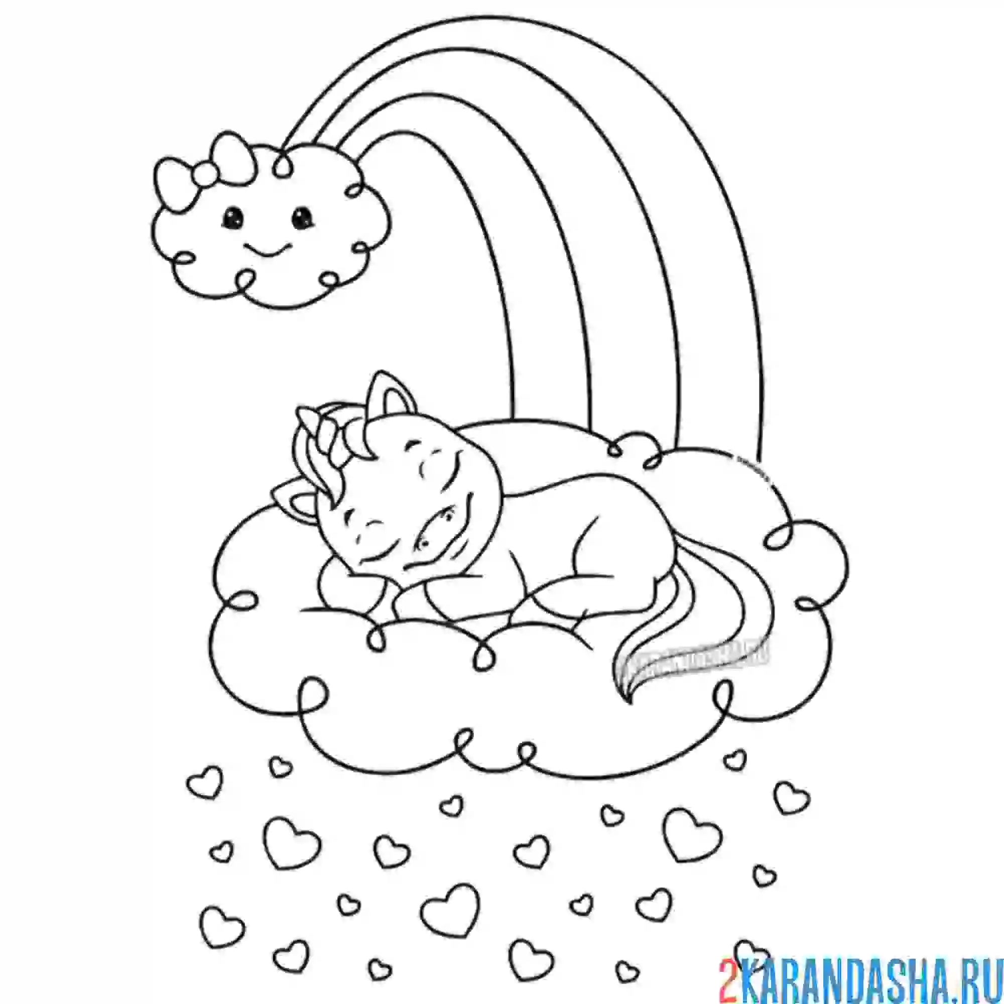 Раскраска единорожек в облаках на радуге