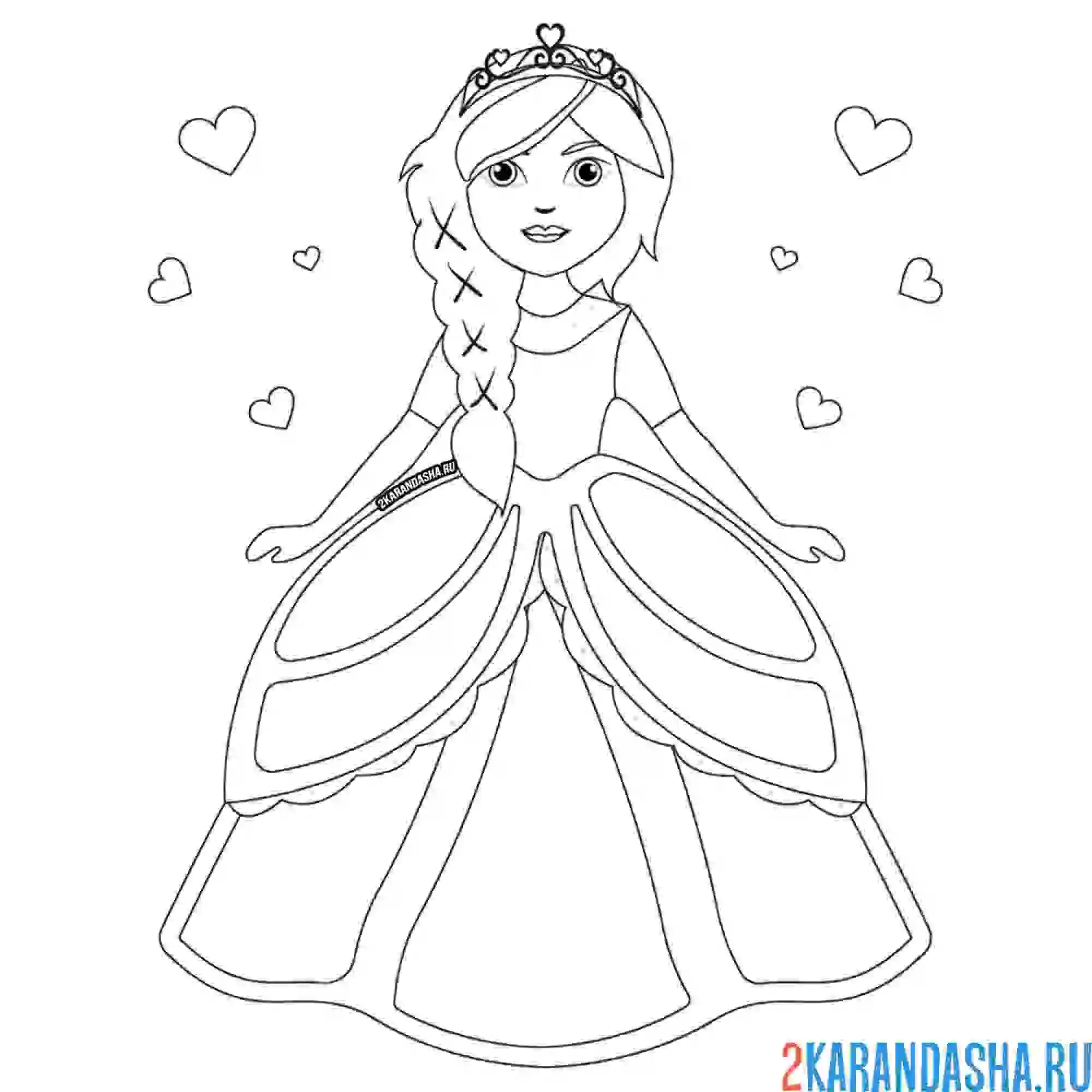 Раскраска принцесса в пышном платье