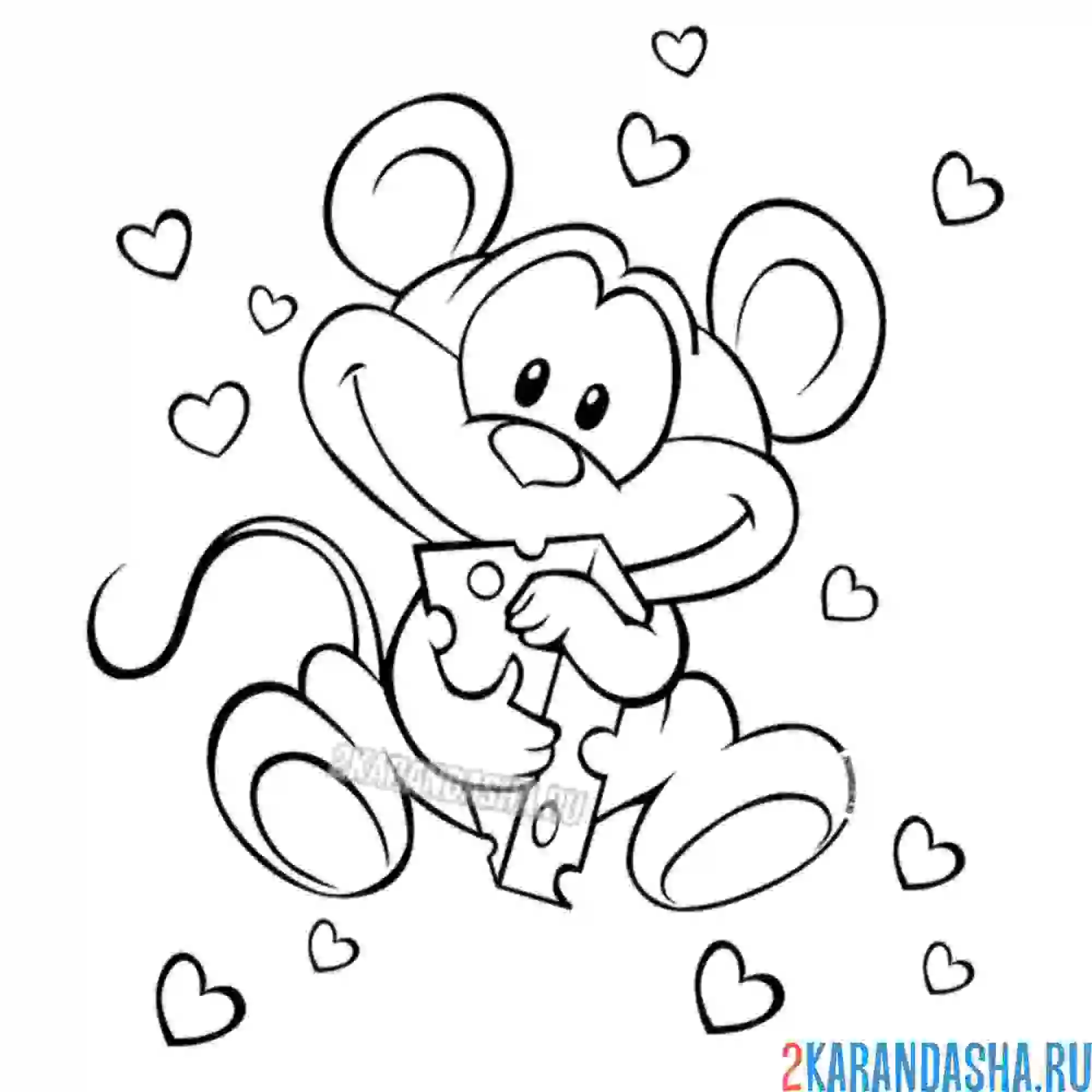 Раскраска милый мышонок с кусочком сыра