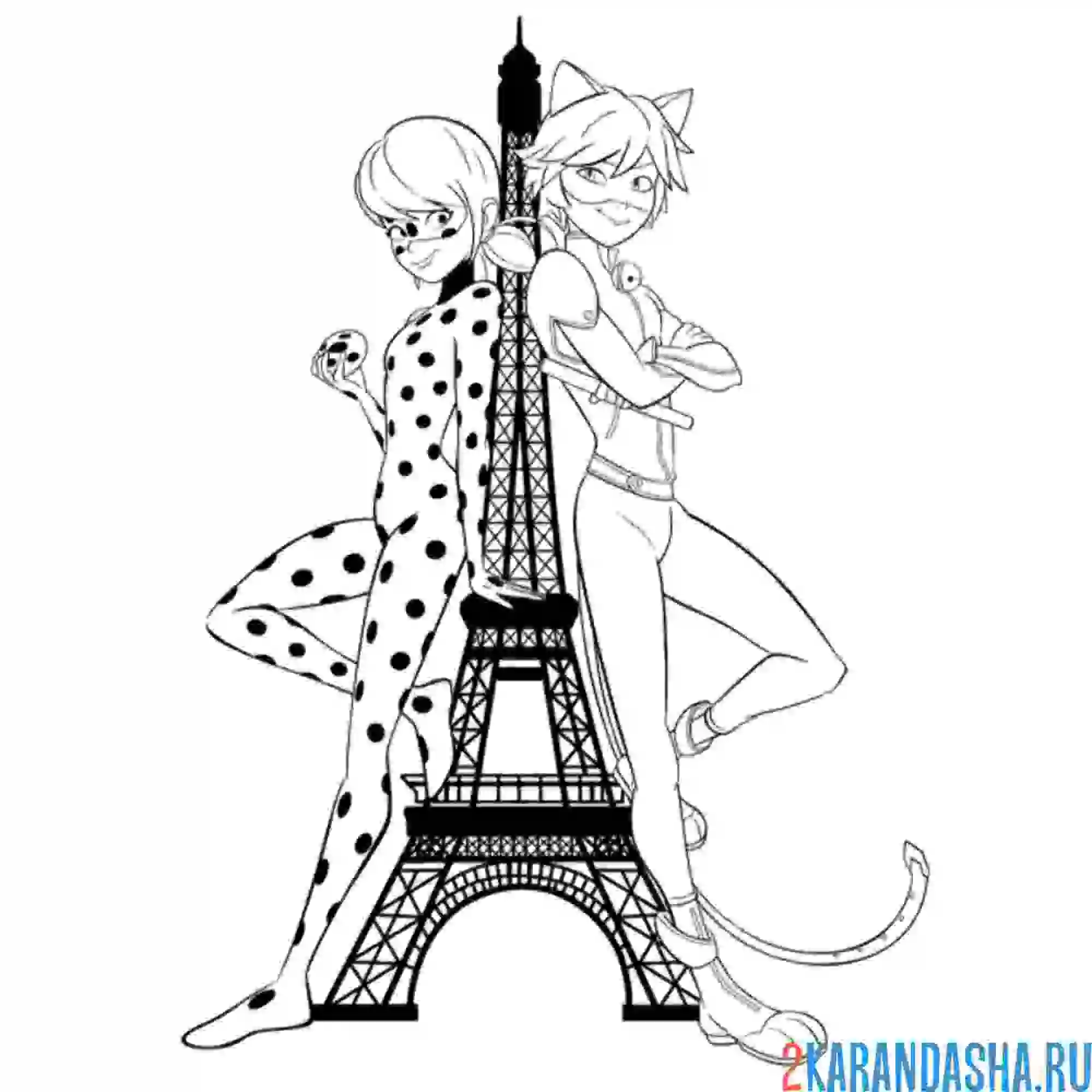 Раскраска леди баг и супер кот у эйфелевой башни