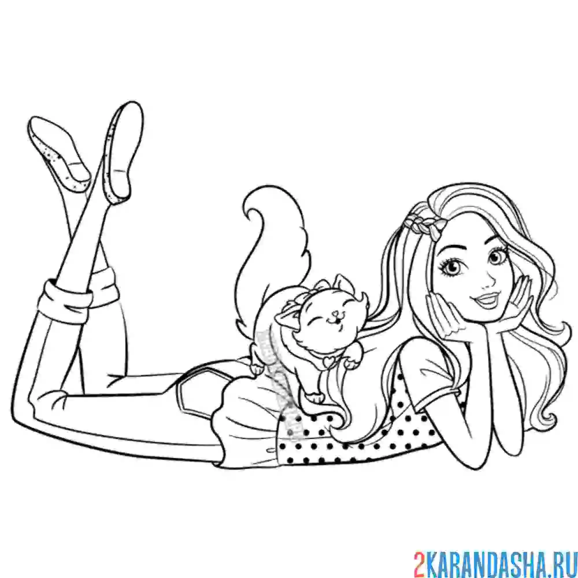 Раскраска барби с милой кошкой