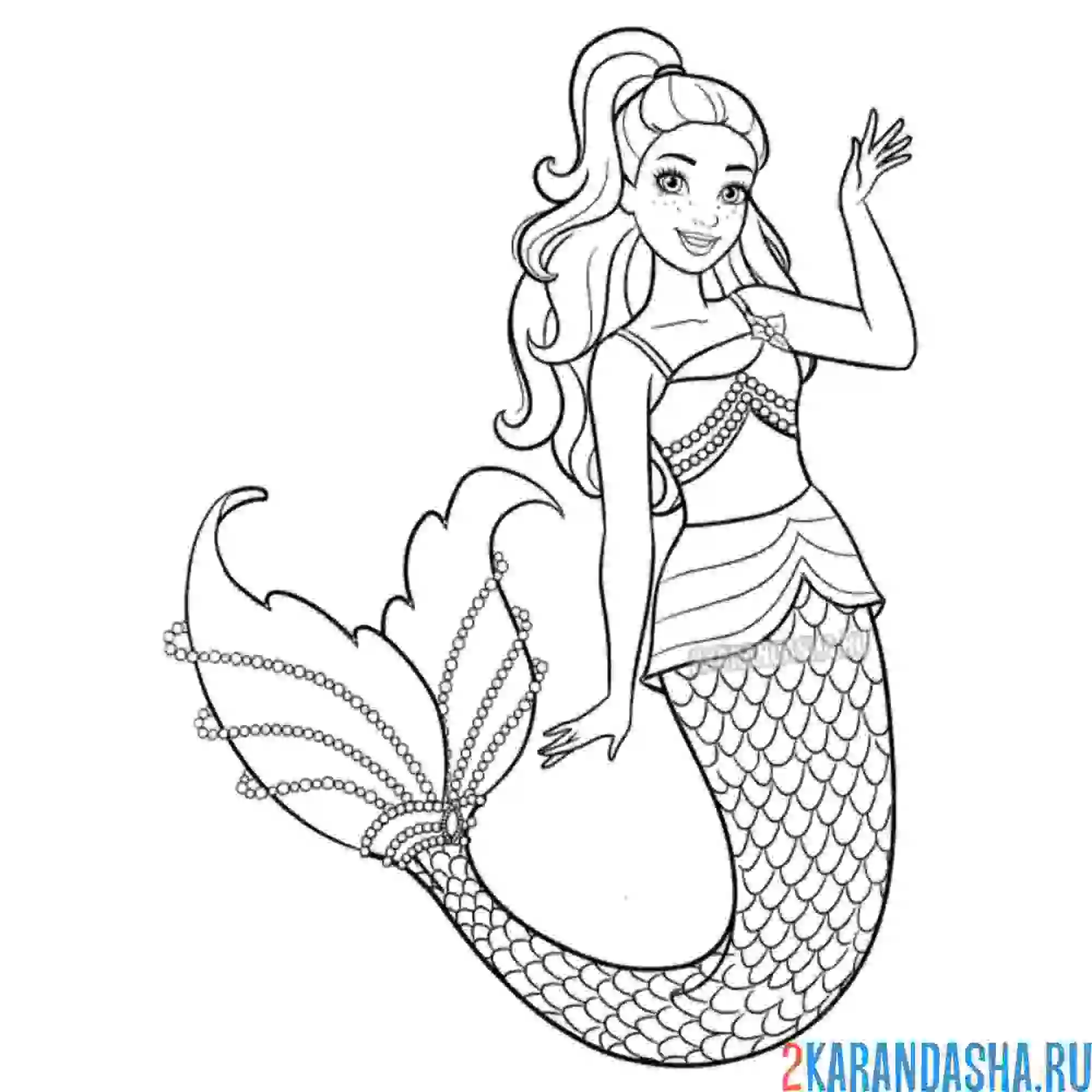 Раскраска русалка барби с хвостиком и в жемчуге