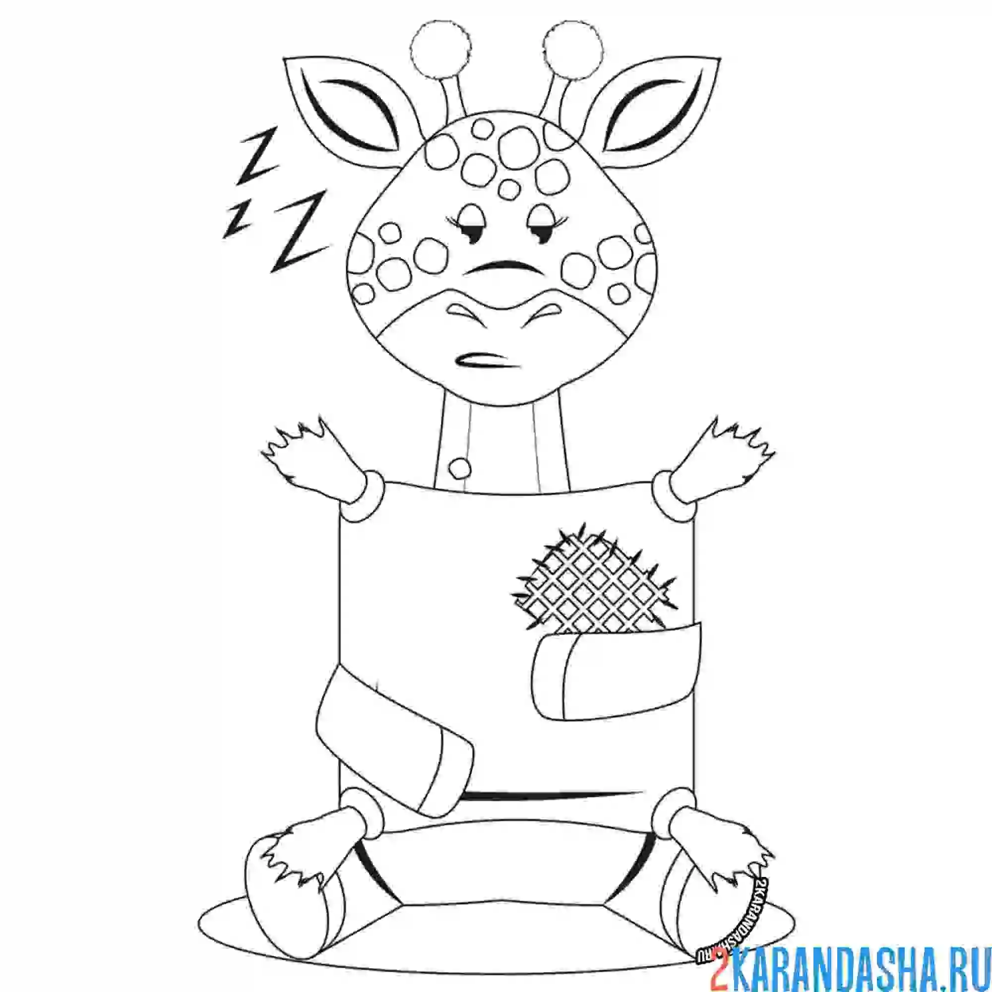 Раскраска сонный жираф с подушкой