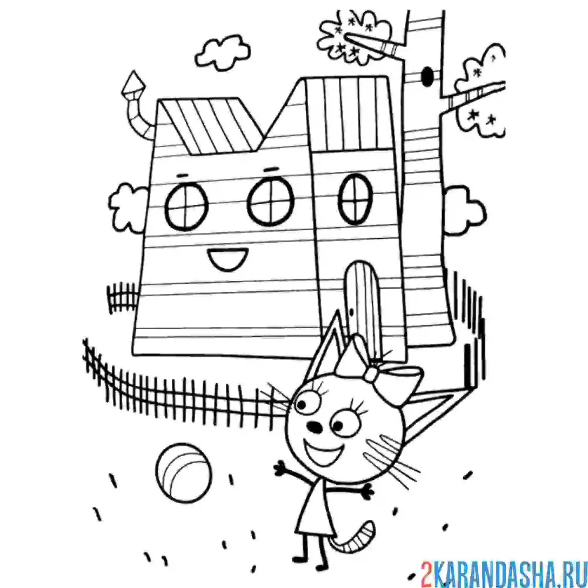 Раскраска карамелька играет в мяч около дома