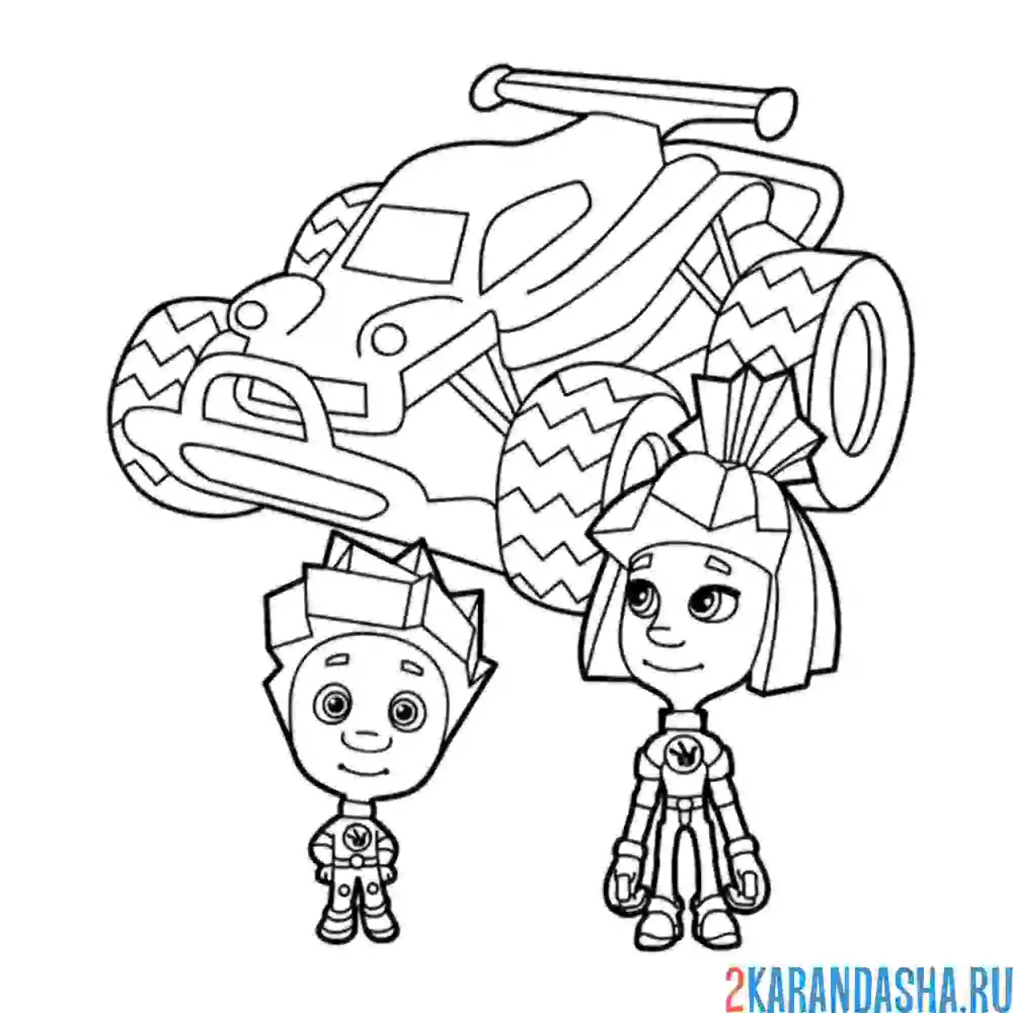 Раскраска нолик и симка с машиной | фиксики